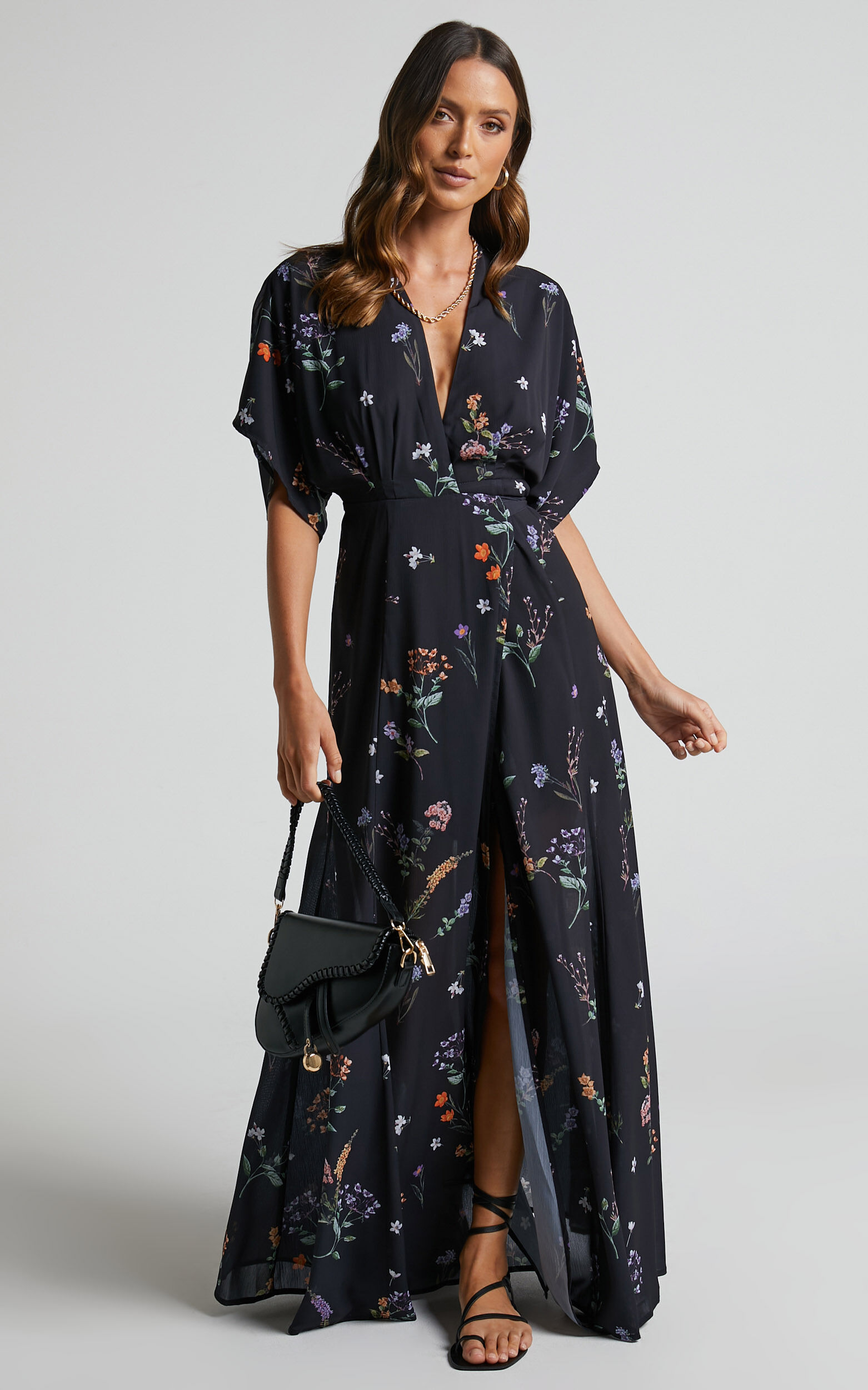 Erenza Maxi Dress - Extended Sleeve Wrap Dress in Black Flower Field