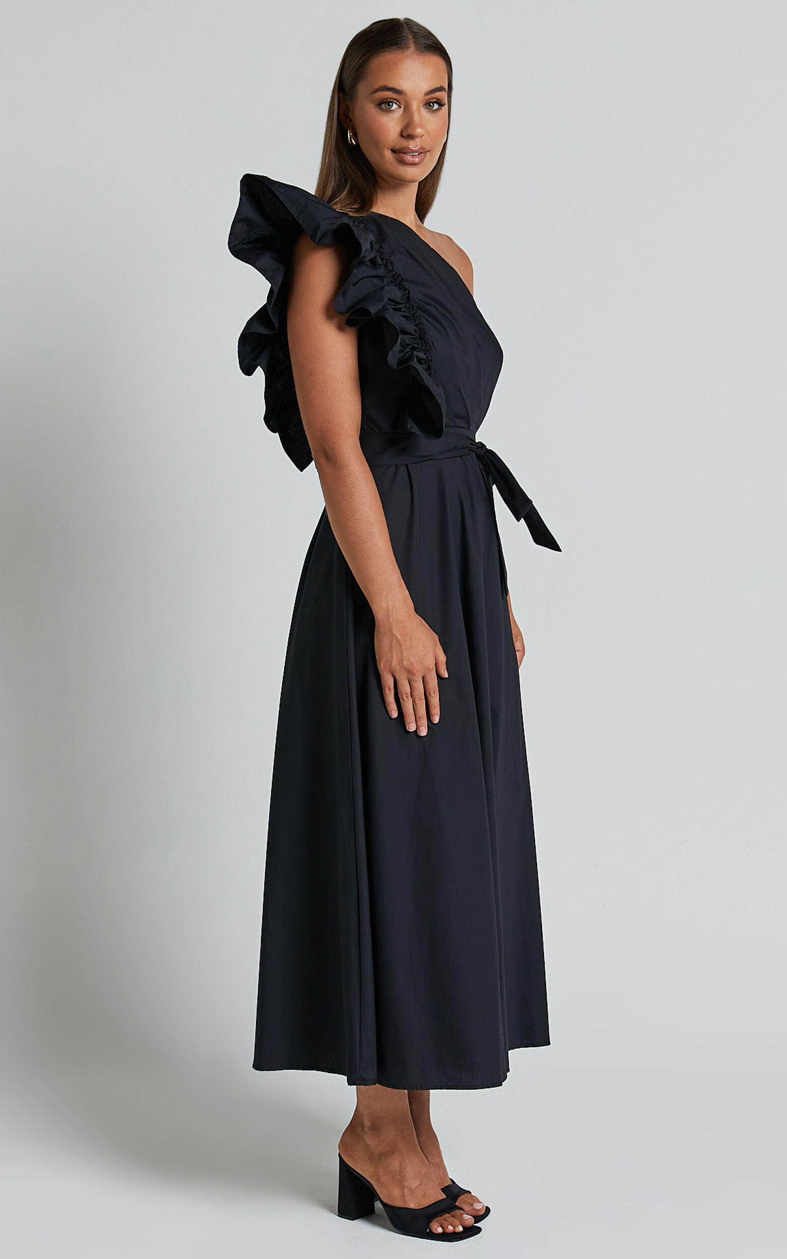 Almeida Midi Dress - One Shoulder Ruffle Detail Belted Dress in Black