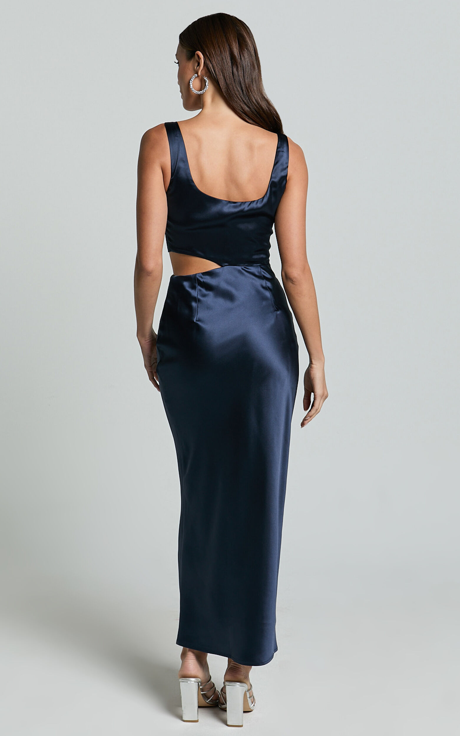 Aleena Midi Dress - Square Neck Side Cut Out Satin Dress in Midnight Blue