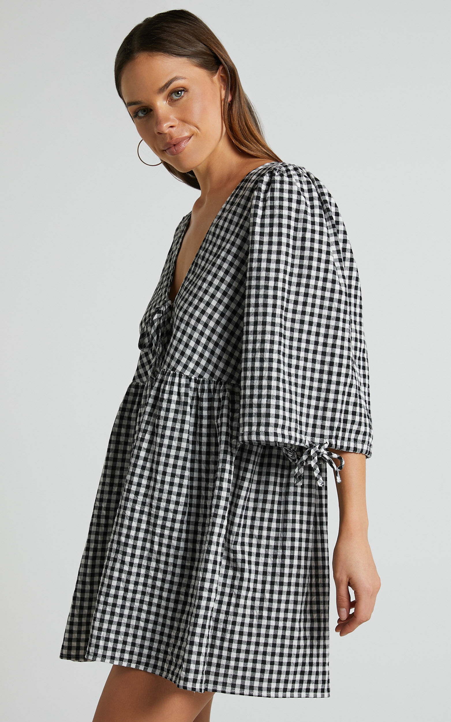 Rosita Mini Dress - Tie Front Puff Sleeve Dress in Black and White Check