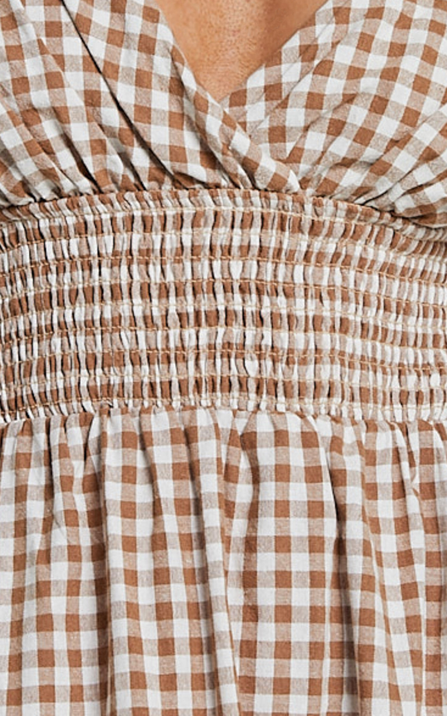 Toni Midi Dress - Strappy Gingham Dress in Caramel and White Gingham