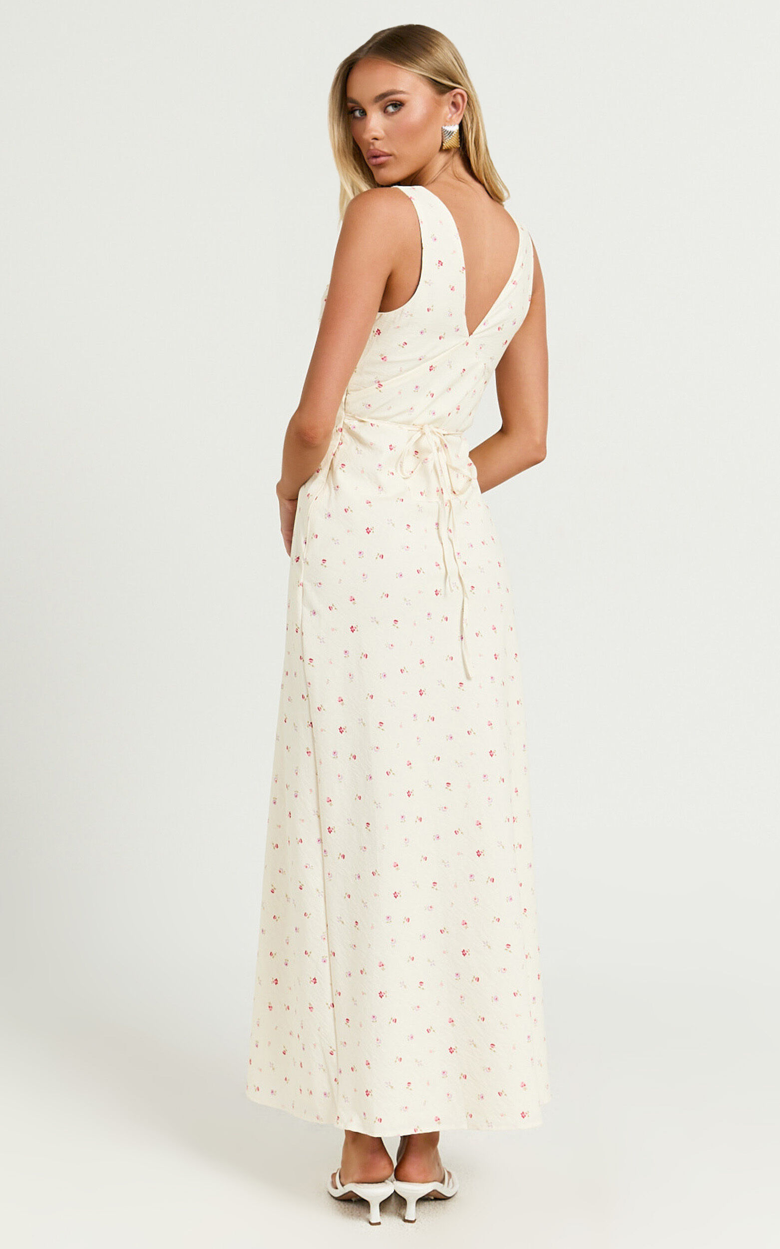 Mauriel Midi Dress - Deep V Gathered Bust Slip Dress in Lemon Floral