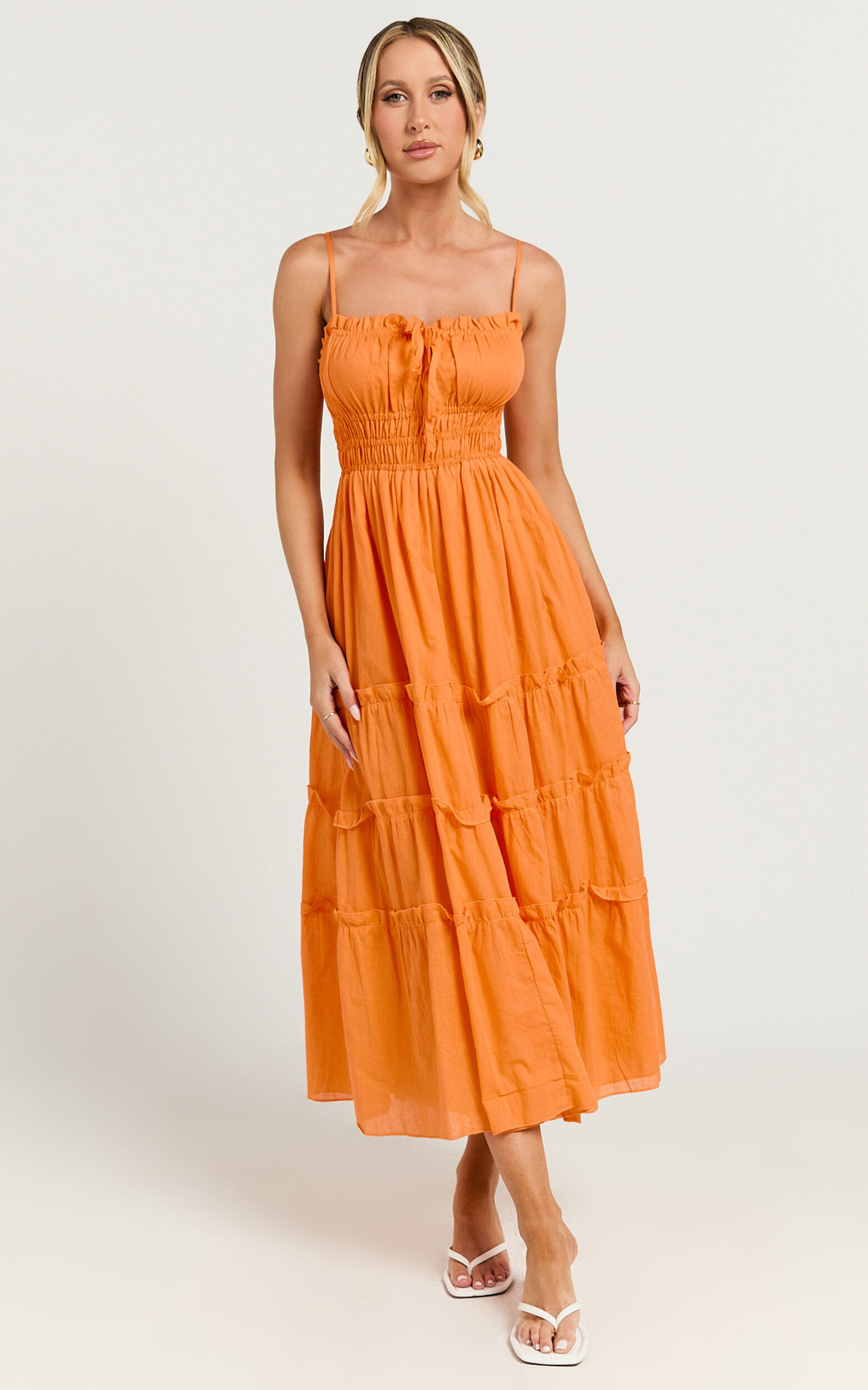 Schiffer Midi Dress - Strappy Ruched Tie Front Tiered Dress in Mandarin
