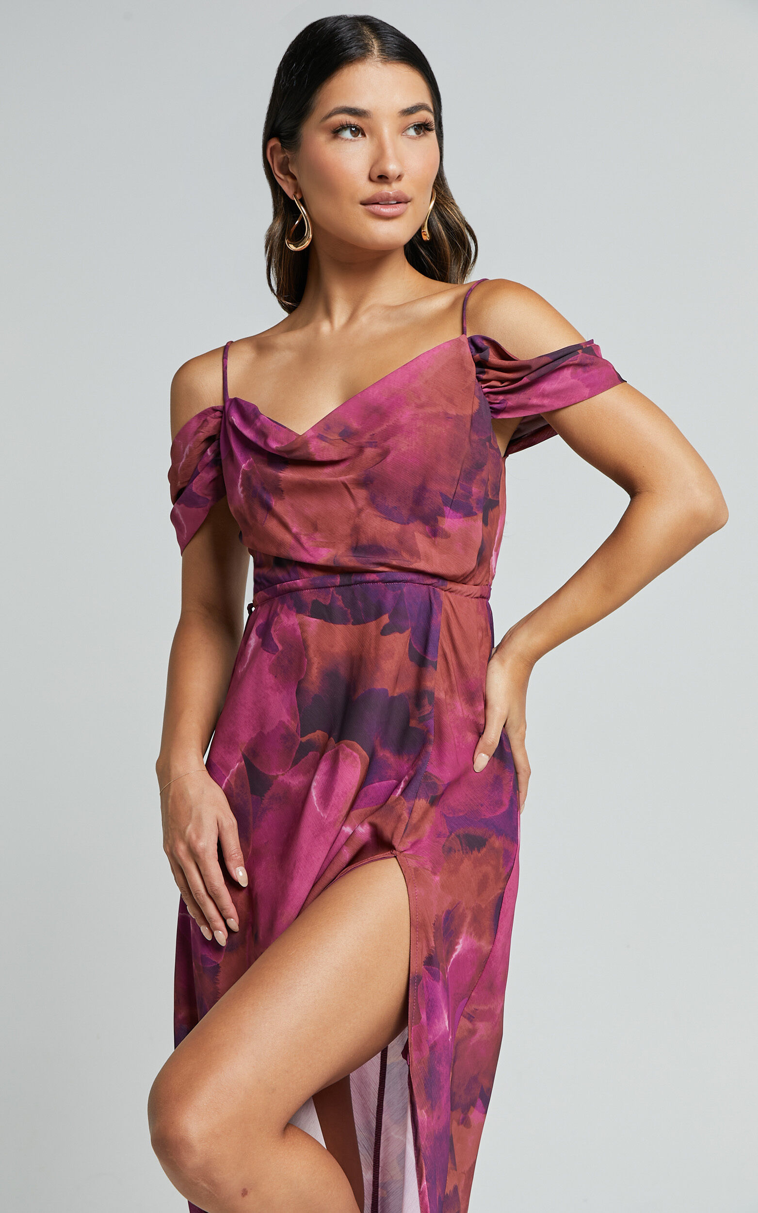 Keira Midi Dress - Draped Off the Shoulder Dress in Electric Cloud - Purple