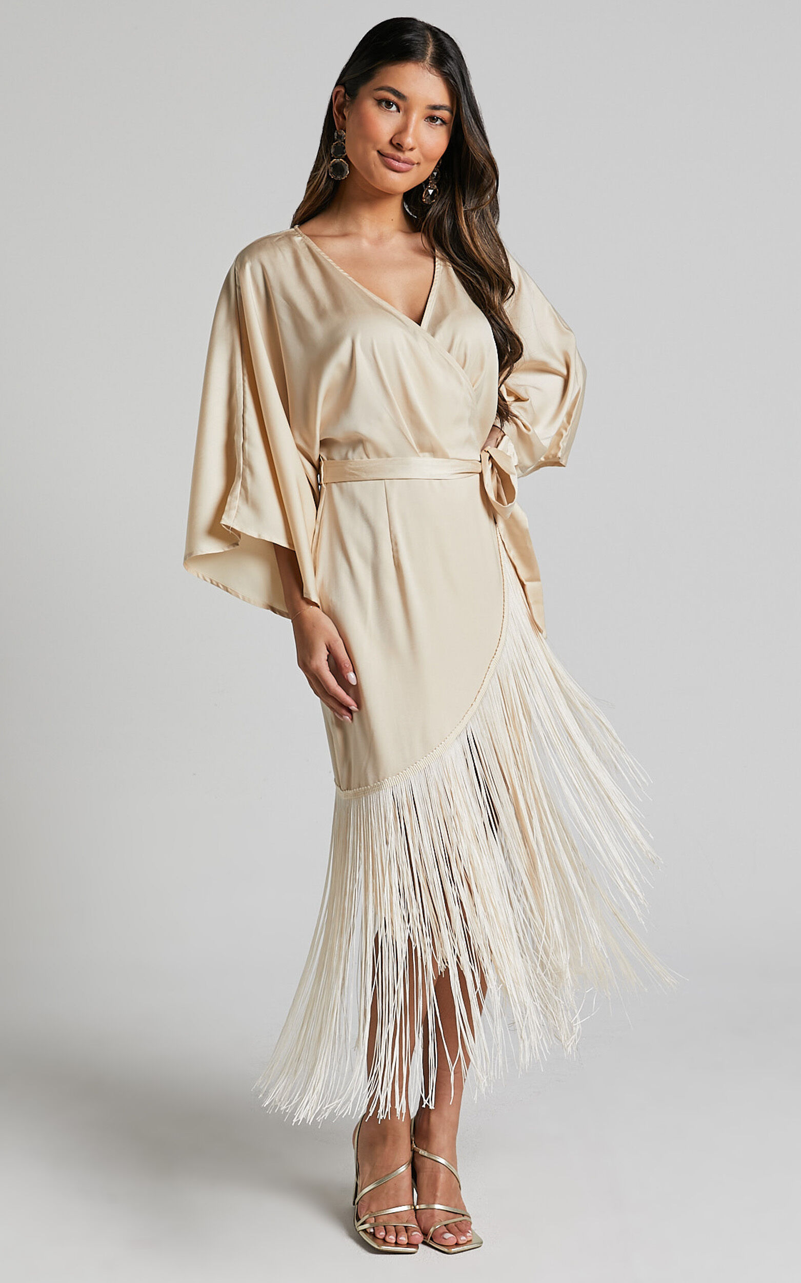 Harlen Midi Dress - V Neck 3/4 Sleeve Asymmetric Fringe Hem Wrap Dress in Champagne