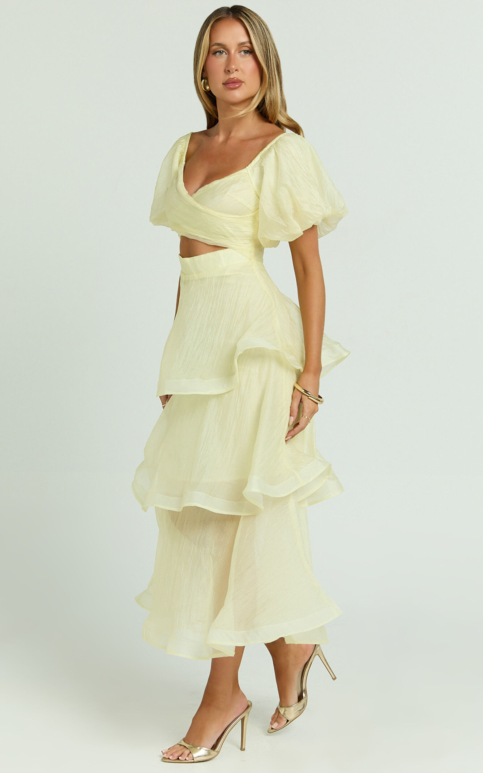 Giselle Midi Dress - Short Puff Sleeve Front Cut Out Layered Dress in Lemon