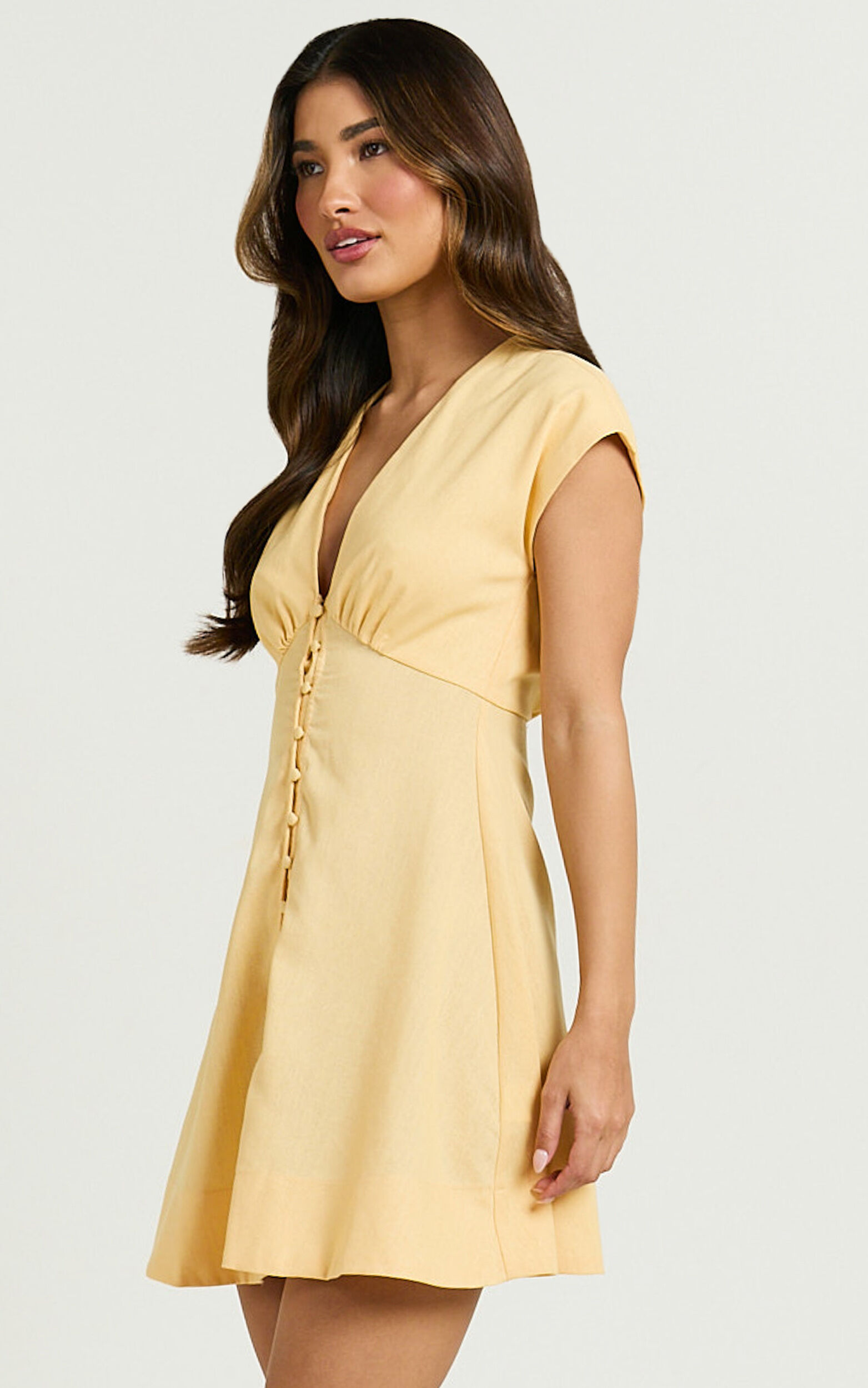 Tallulah Mini Dress - Linen V Neck A Line Dress in Lemon