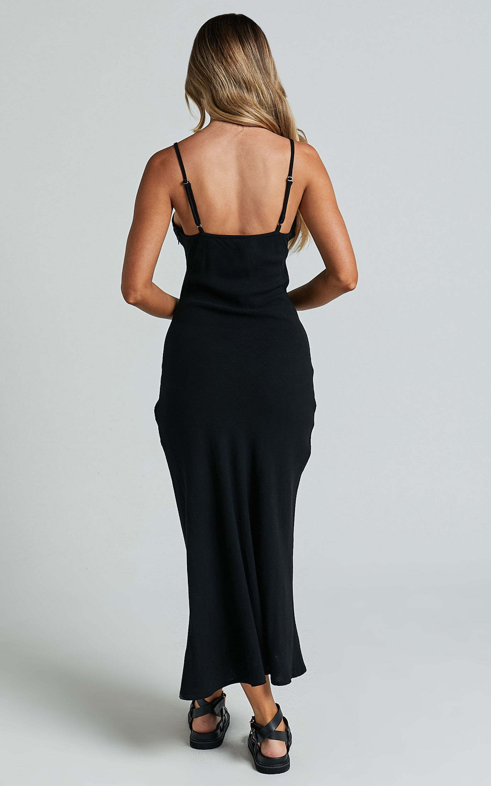 Delaina Midi Dress - Linen Look Strappy V Neck Bias Cut Slip in Black