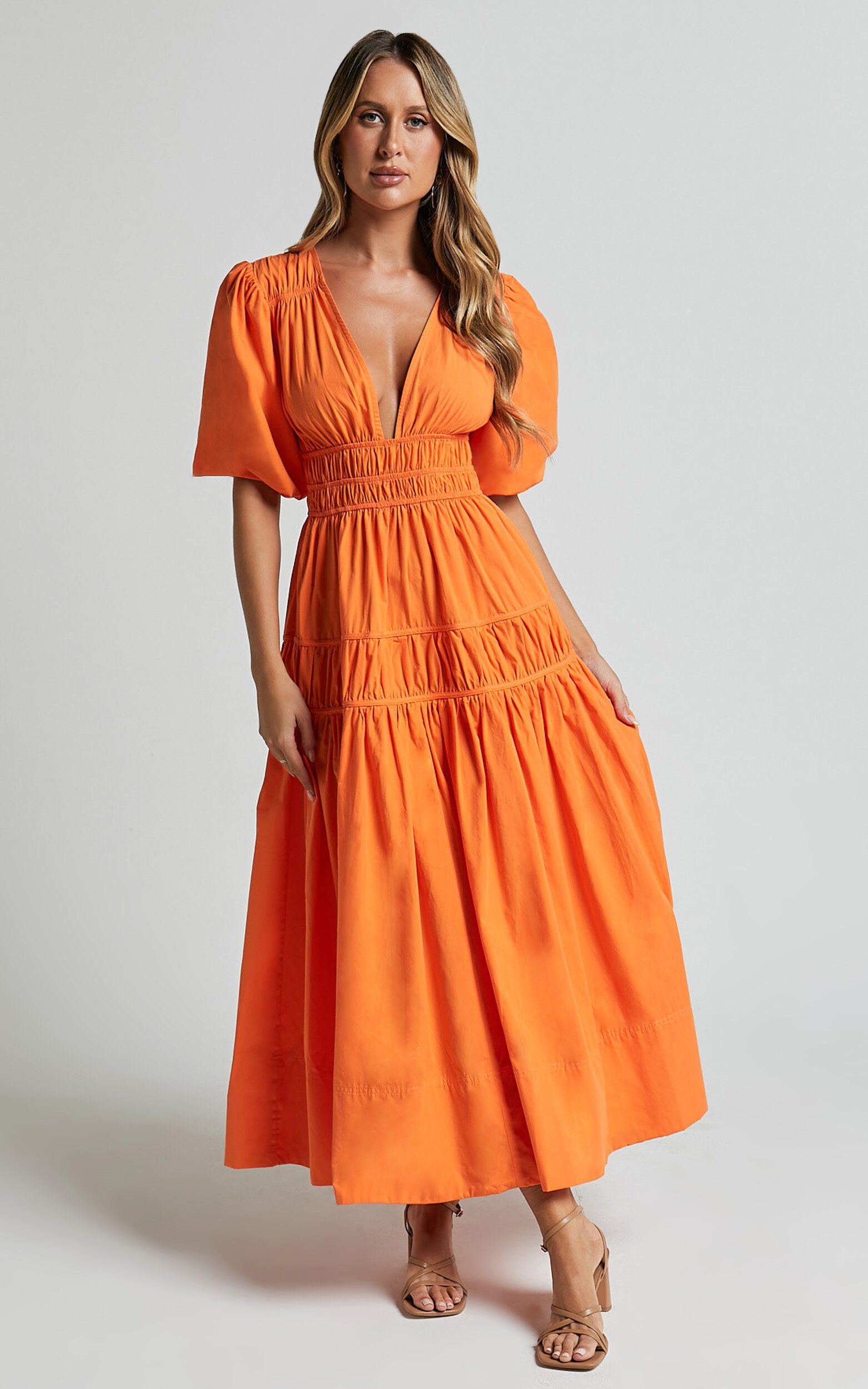 Mellie Midi Dress - Puff Sleeve Plunge Tiered Dress in Orange