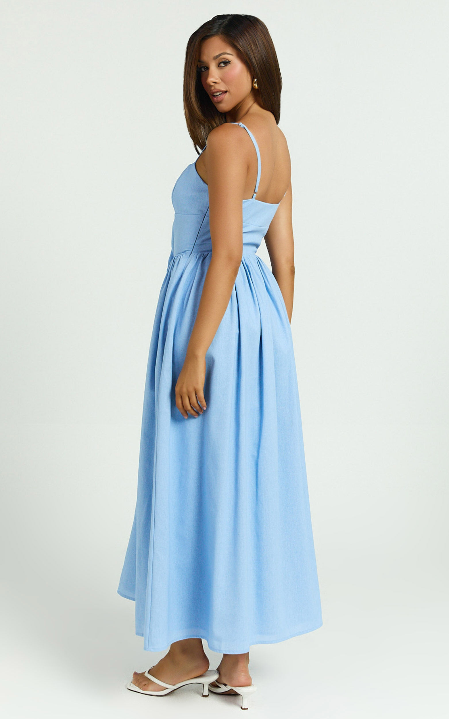 Morris Midi Dress - Linen Scoop Neck Gathered Dress in Blue