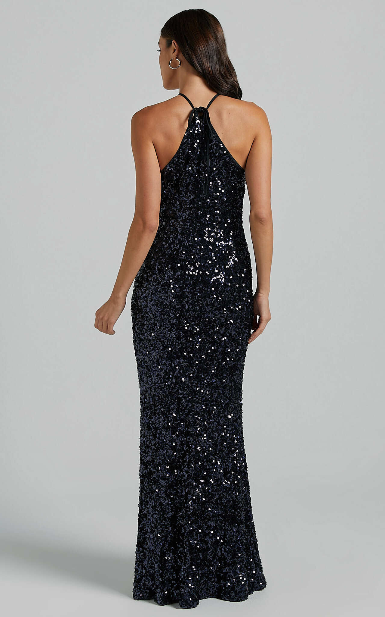 Aurora Maxi Dress - Halter Neck Bodycon Sequin in Navy