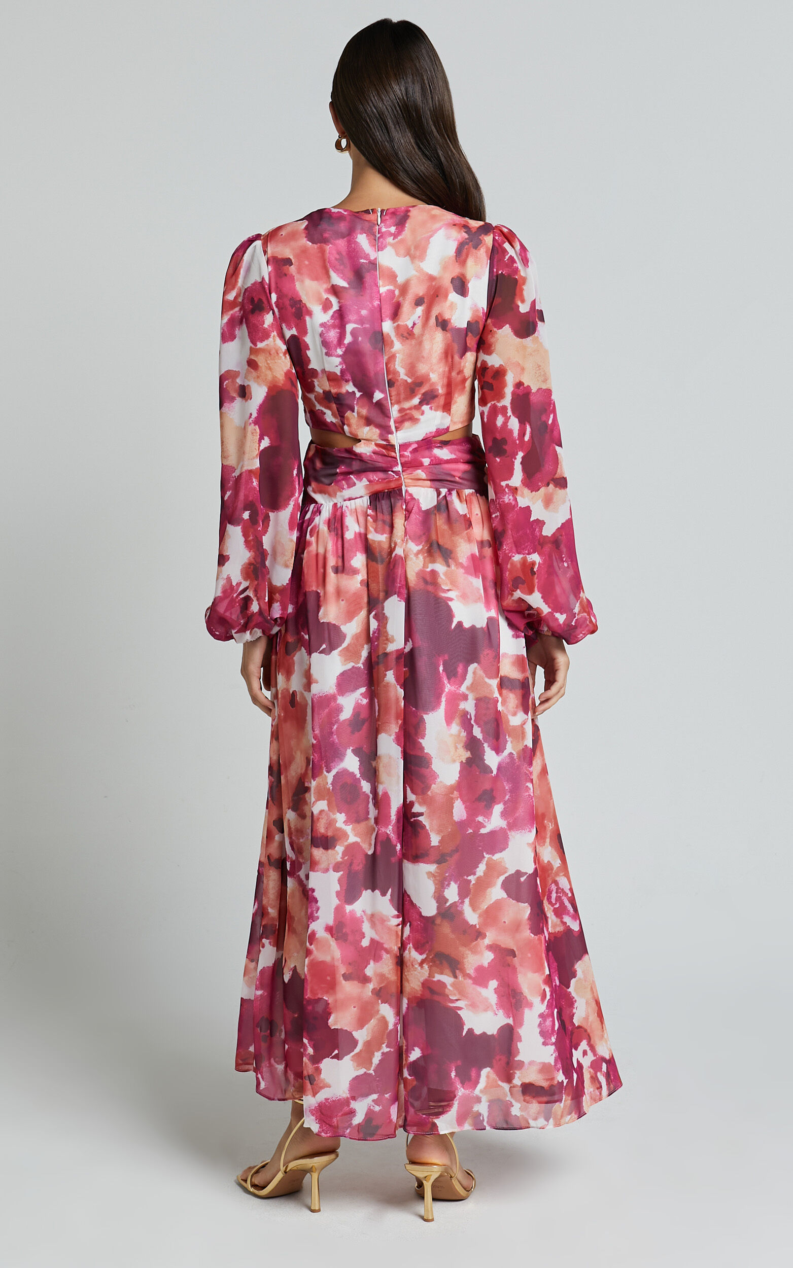 Emilee Midi Dress - Side Cut Out Long Sleeve Plunge Dress in Purple Floral