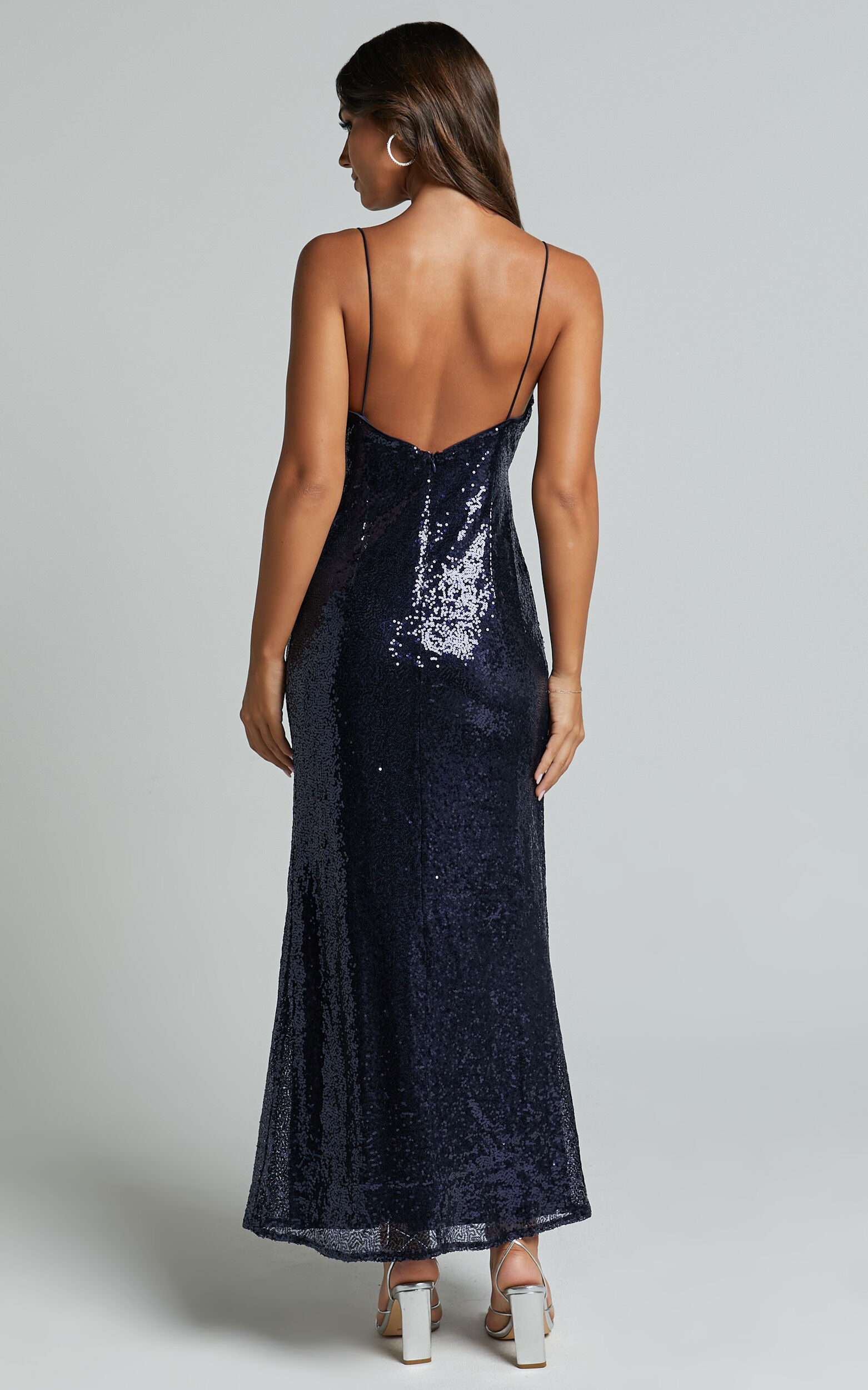 Cynthie Midi Dress - Strappy Cowl Neck Sequin Slip Dress in Navy