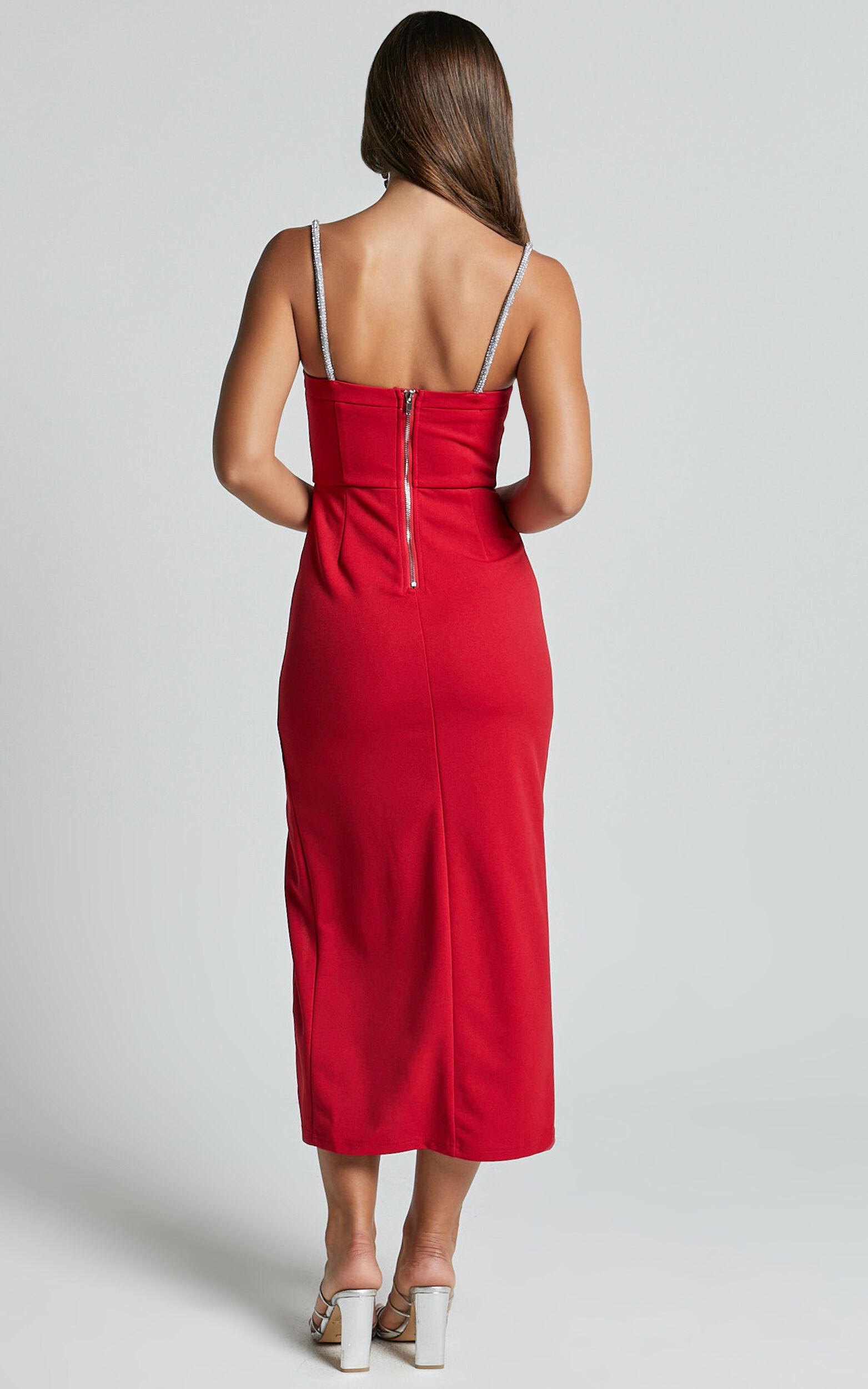 Sharley Midi Dress - Diamante Detail Pencil Dress in Red