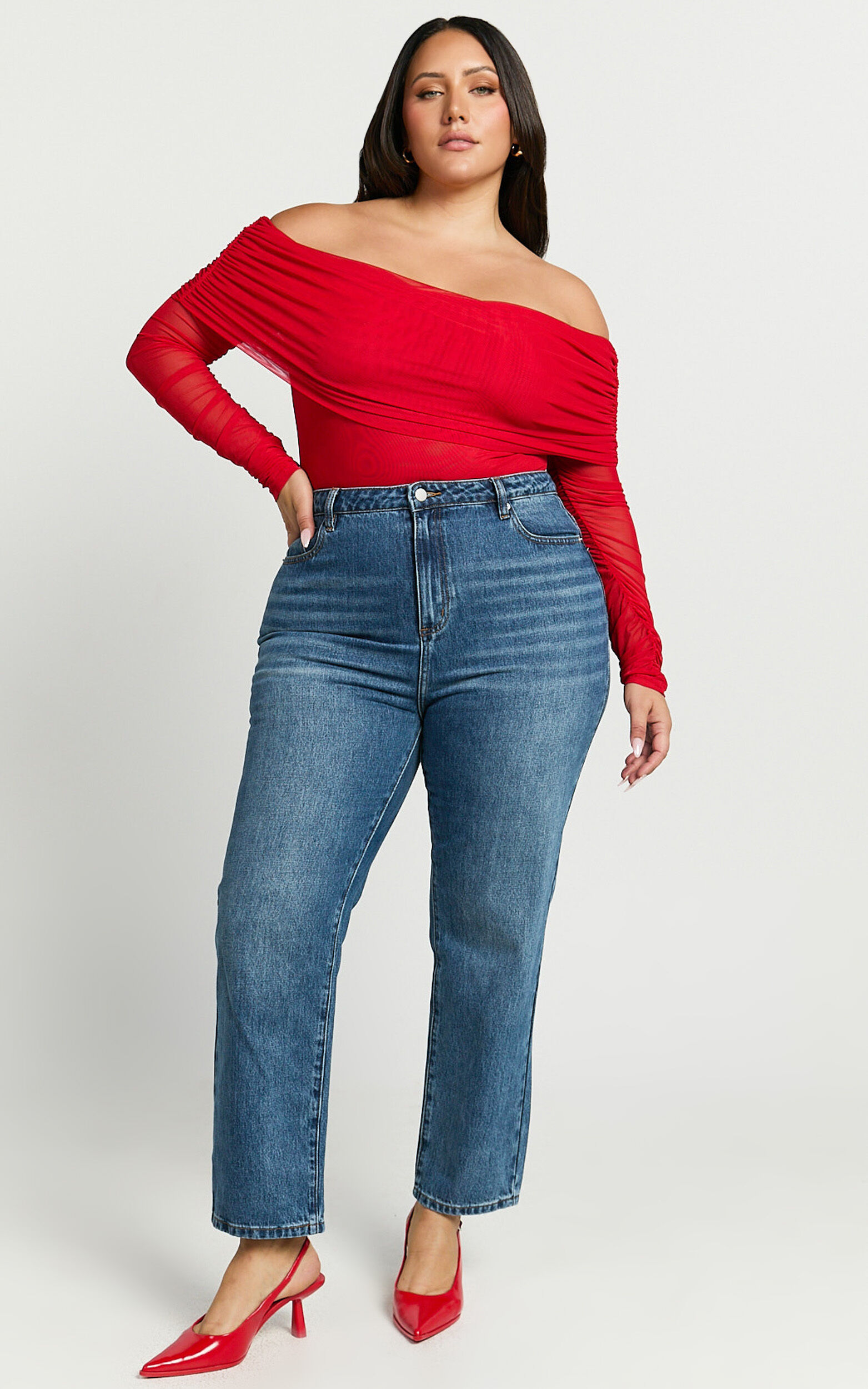 Jaythen Bodysuit - Long Sleeve Off Shoulder Ruched Mesh Bodysuit in Red