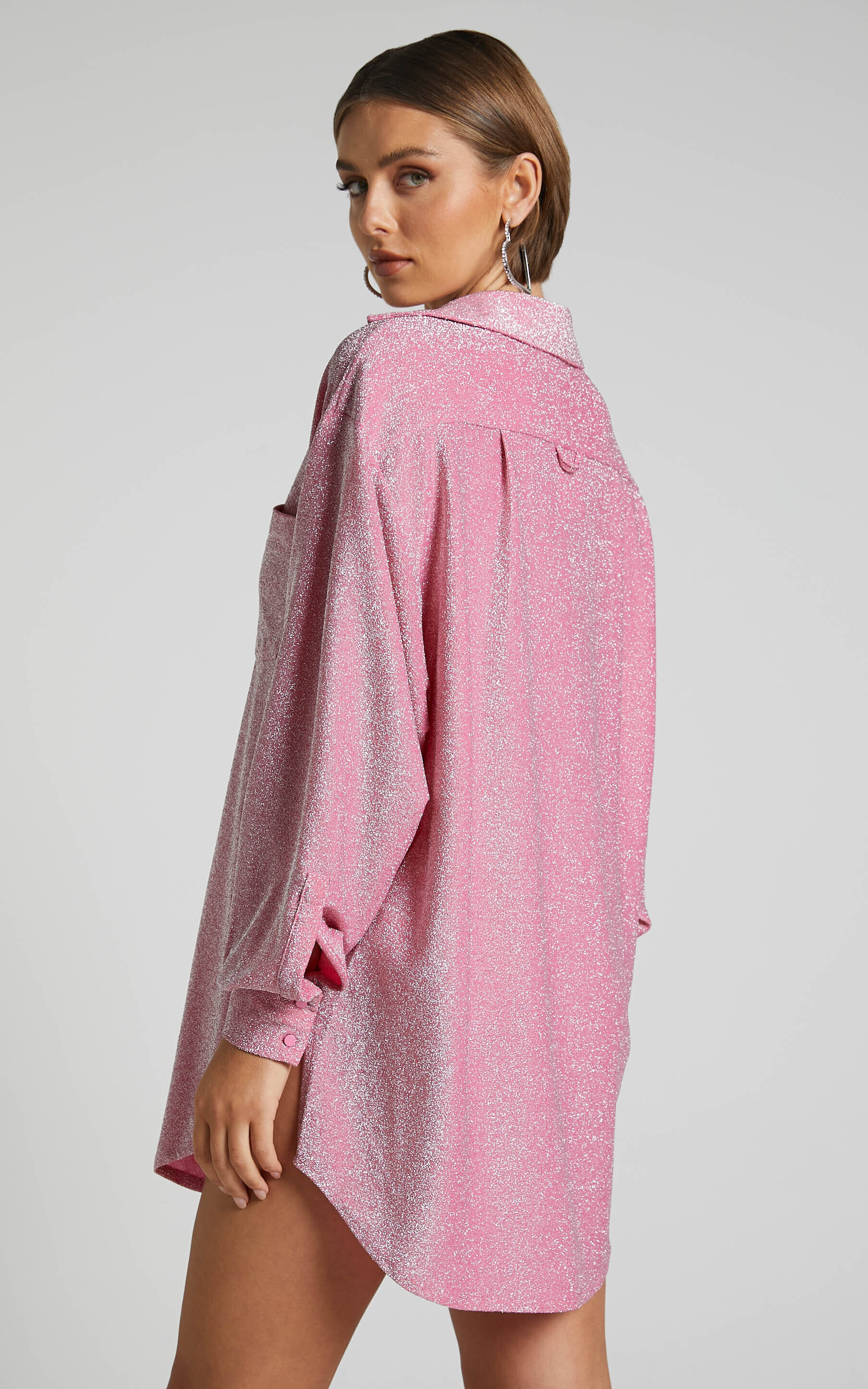 Ruri Mini Dress - Sparkly Oversized Shirt Dress in Pink