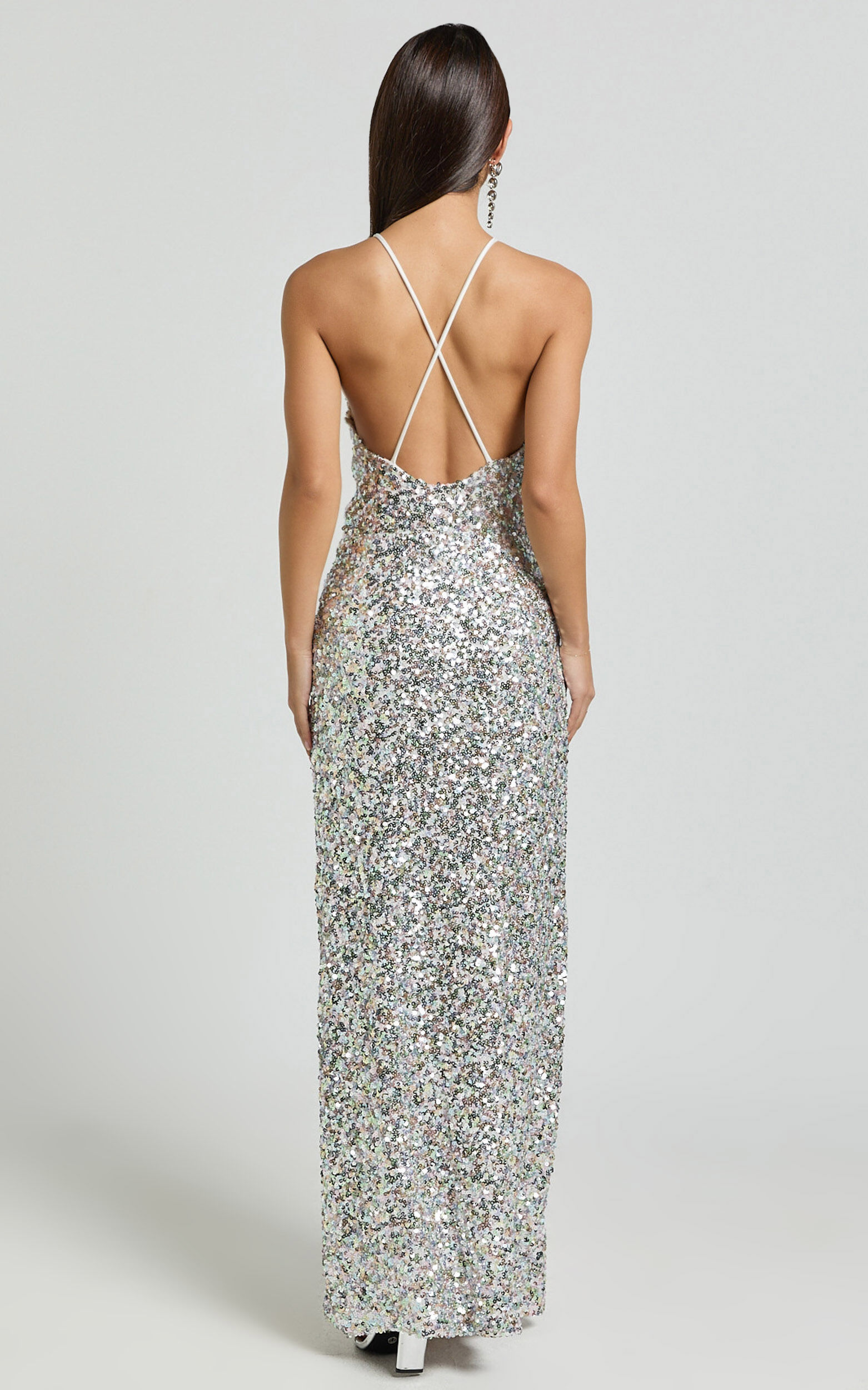 Frieda Maxi Dress - Halter Neck Cross Back Sequin Dress in Rainbow Silver