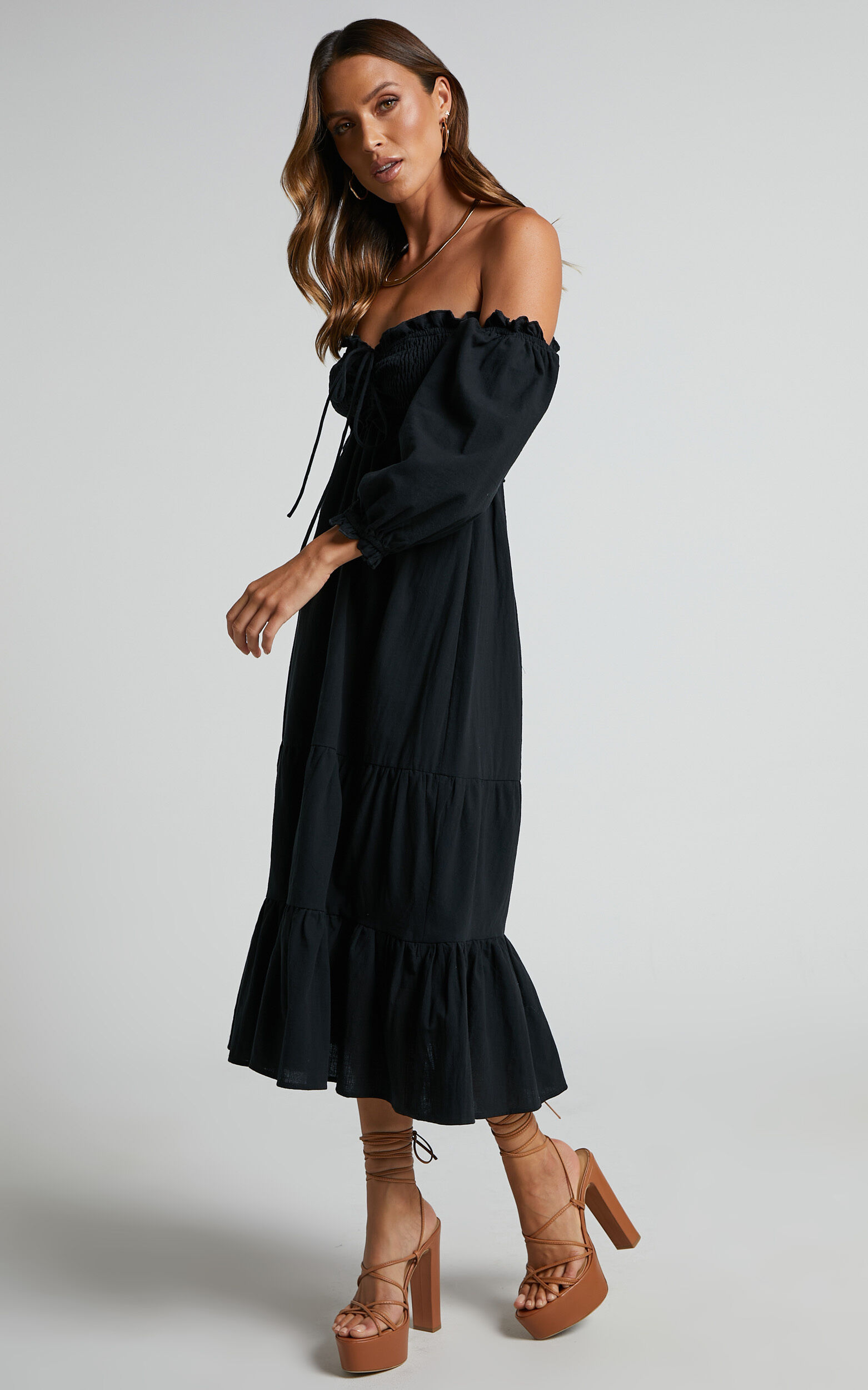 Nikka Midi Linen Dress - Shirred Off Shoulder Puff Sleeve Dress in Black