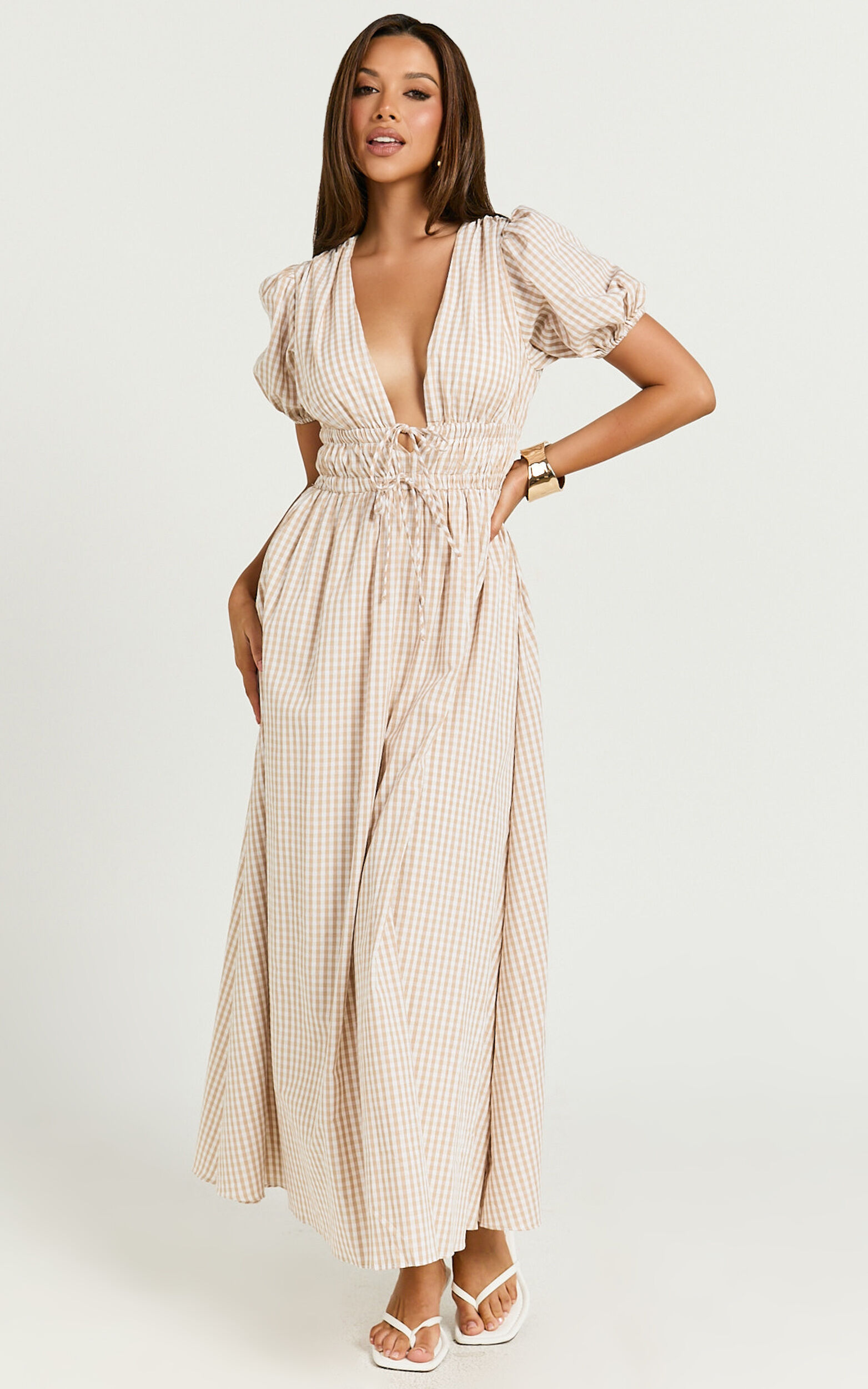 Matteo Midi Dress - Deep V Neck Puff Sleeve Dress in Light Gingham