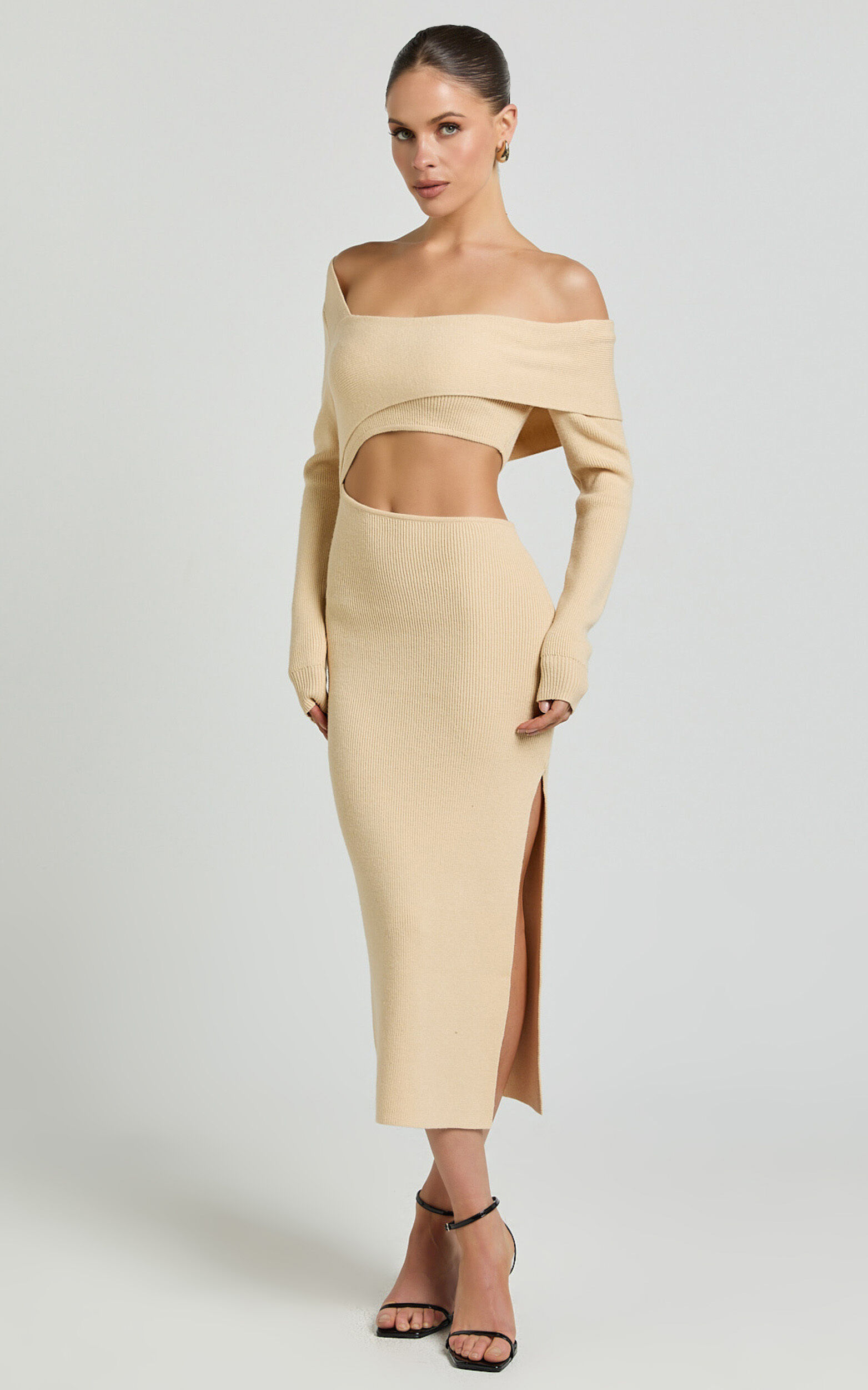 Alabama Midi Dress - Off One Shoulder Asymmetric Long Sleeve Knit Dress in Sand