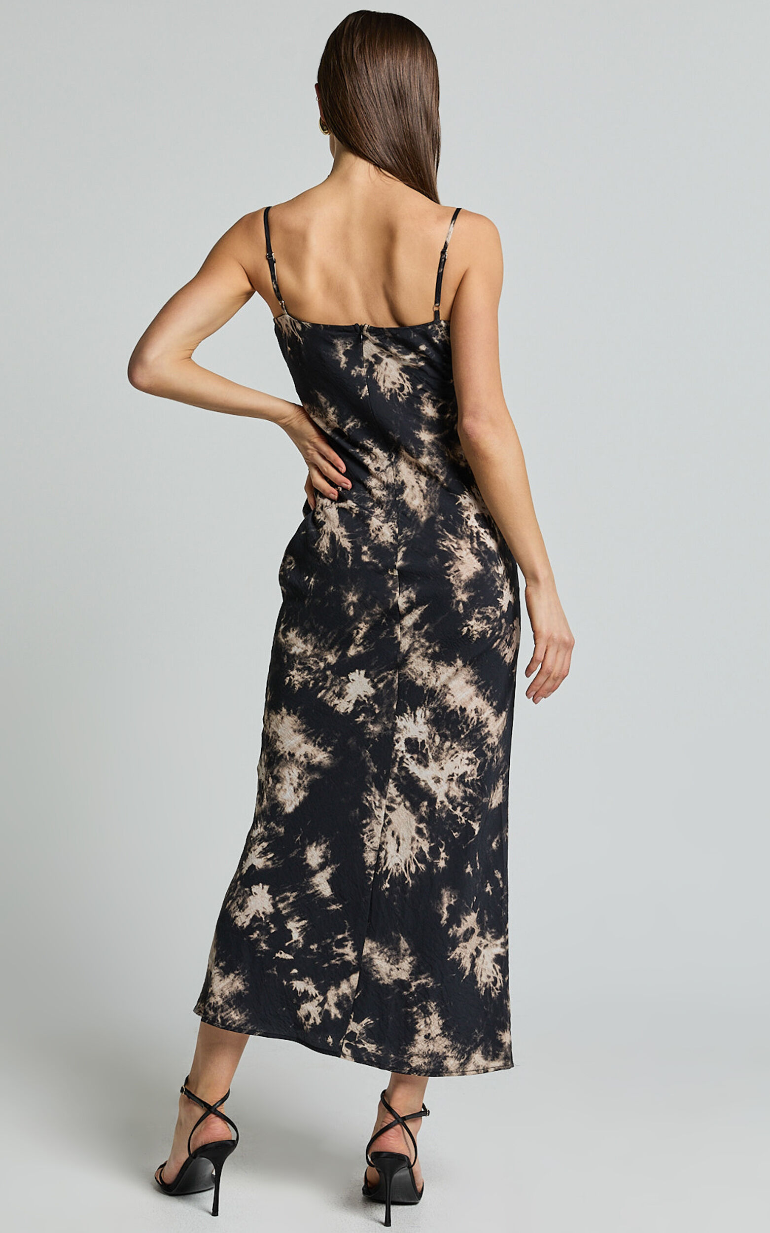 Nicki Midi Dress - Strappy Ruched Bust Slip Dress in Black Tie Dye