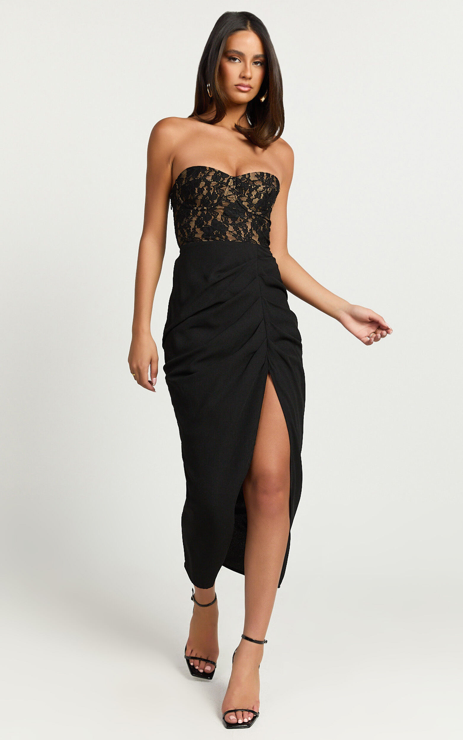 Janet Midi Dress - Strapless Sweetheart Draped Skirt Dress in Black