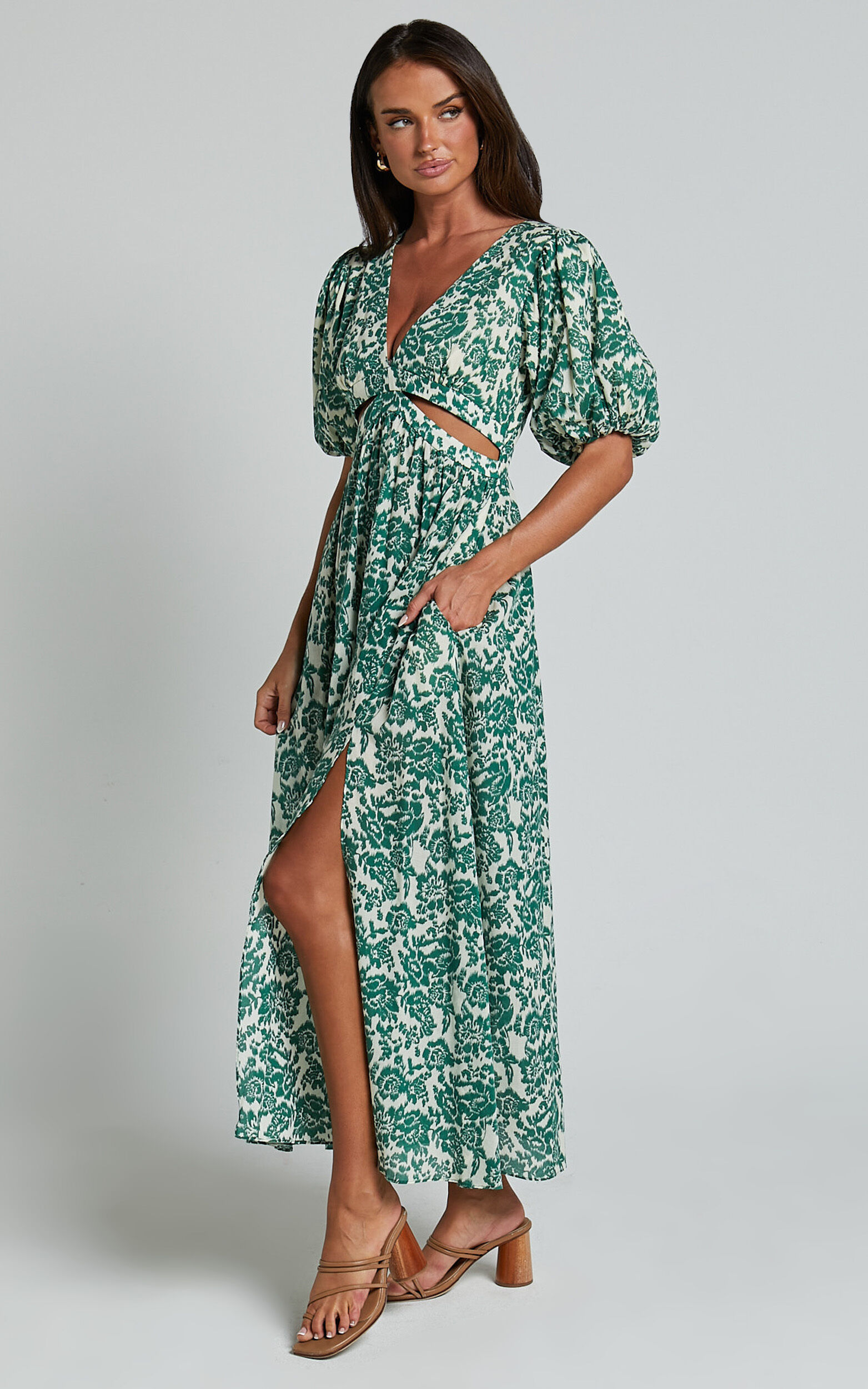 Nelli Midi Dress - Short Sleeve Cut Out Dress in Green Silhouette
