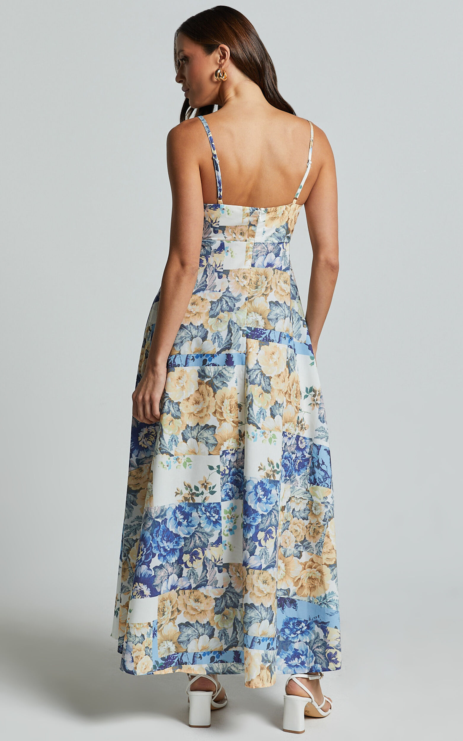Olivia Midi Dress - Straight Neck Strappy A-Line Dress in Patchwork Floral