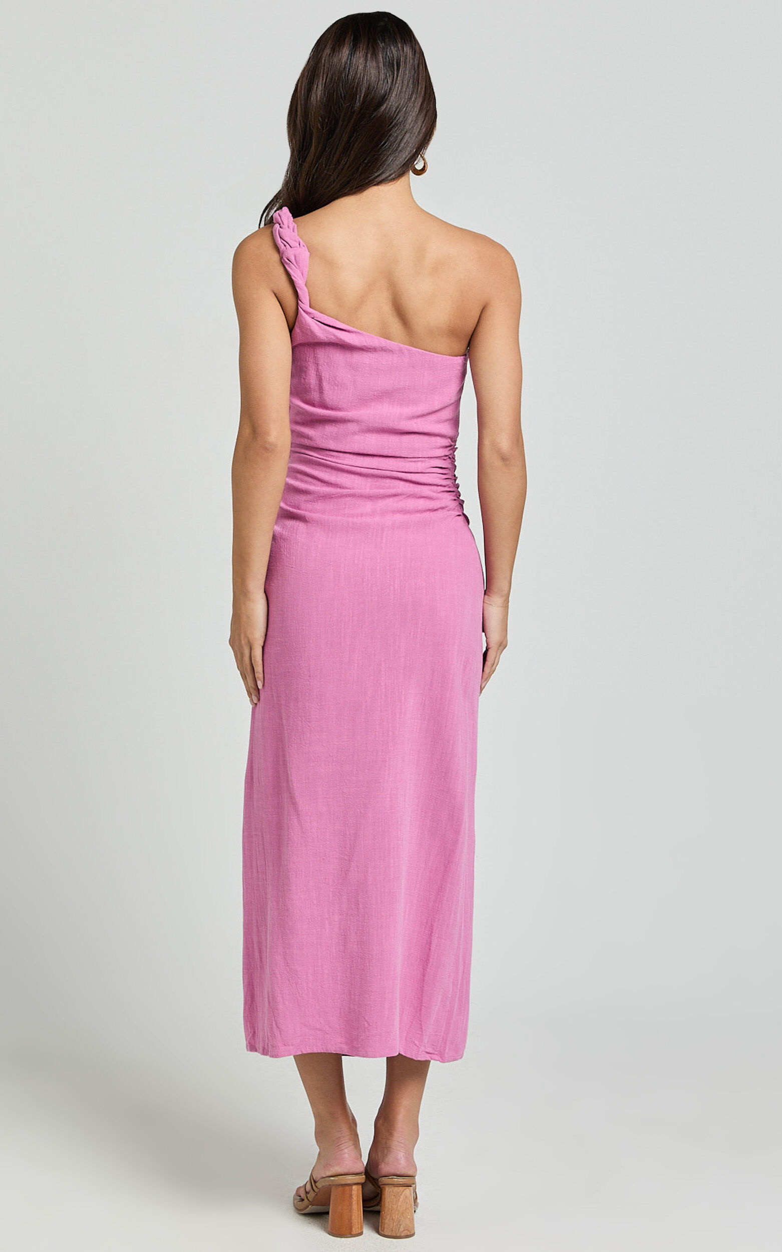 Finley Midi Linen Dress - Linen Feel One Shoulder Ruched Dress in Orchid