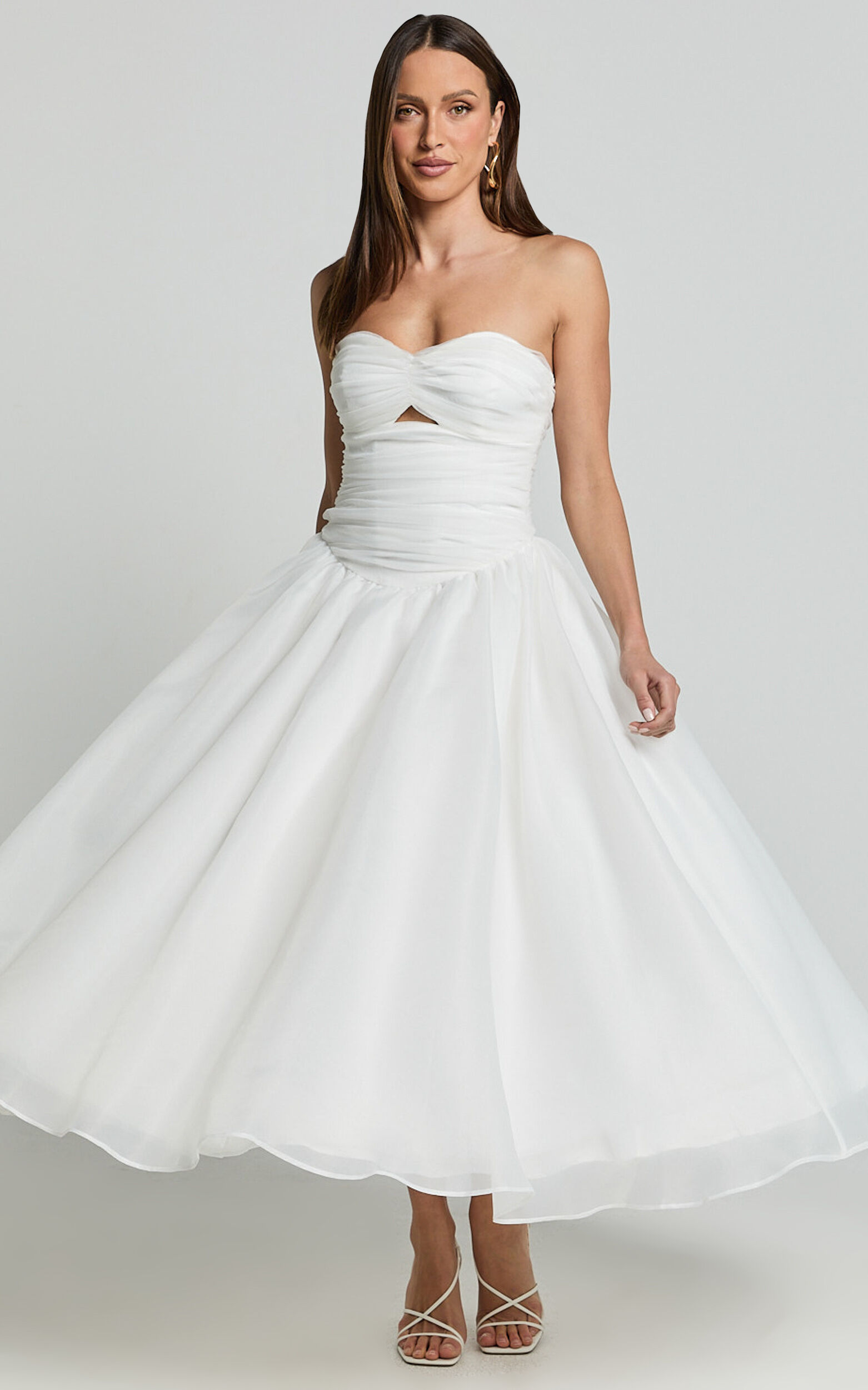 Madalyn Midi Dress - Strapless Sweetheart Bustier Dress in White