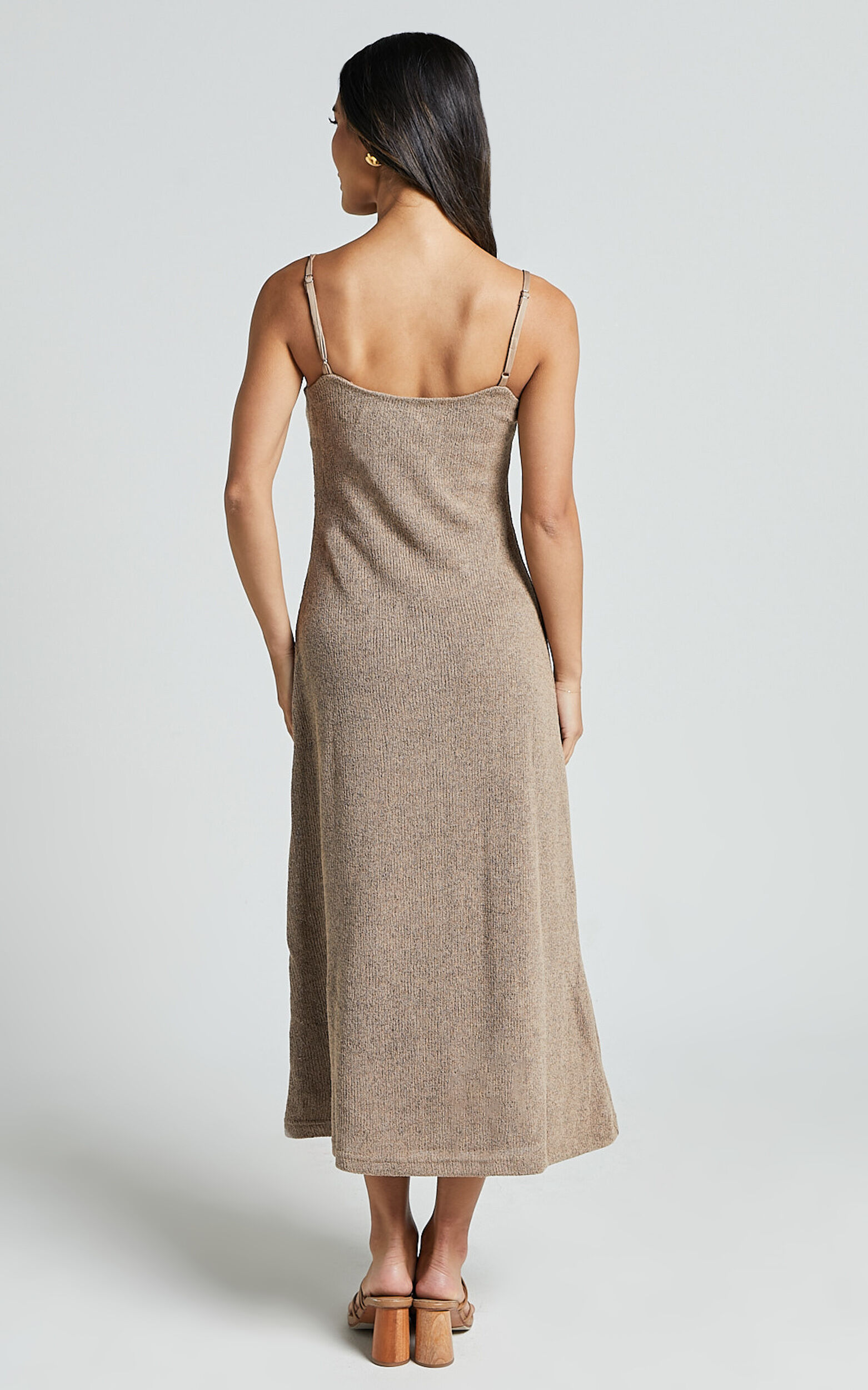Jessie Midi Dress - Knitted Strappy Scoop Neck Slip Dress in Mushroom