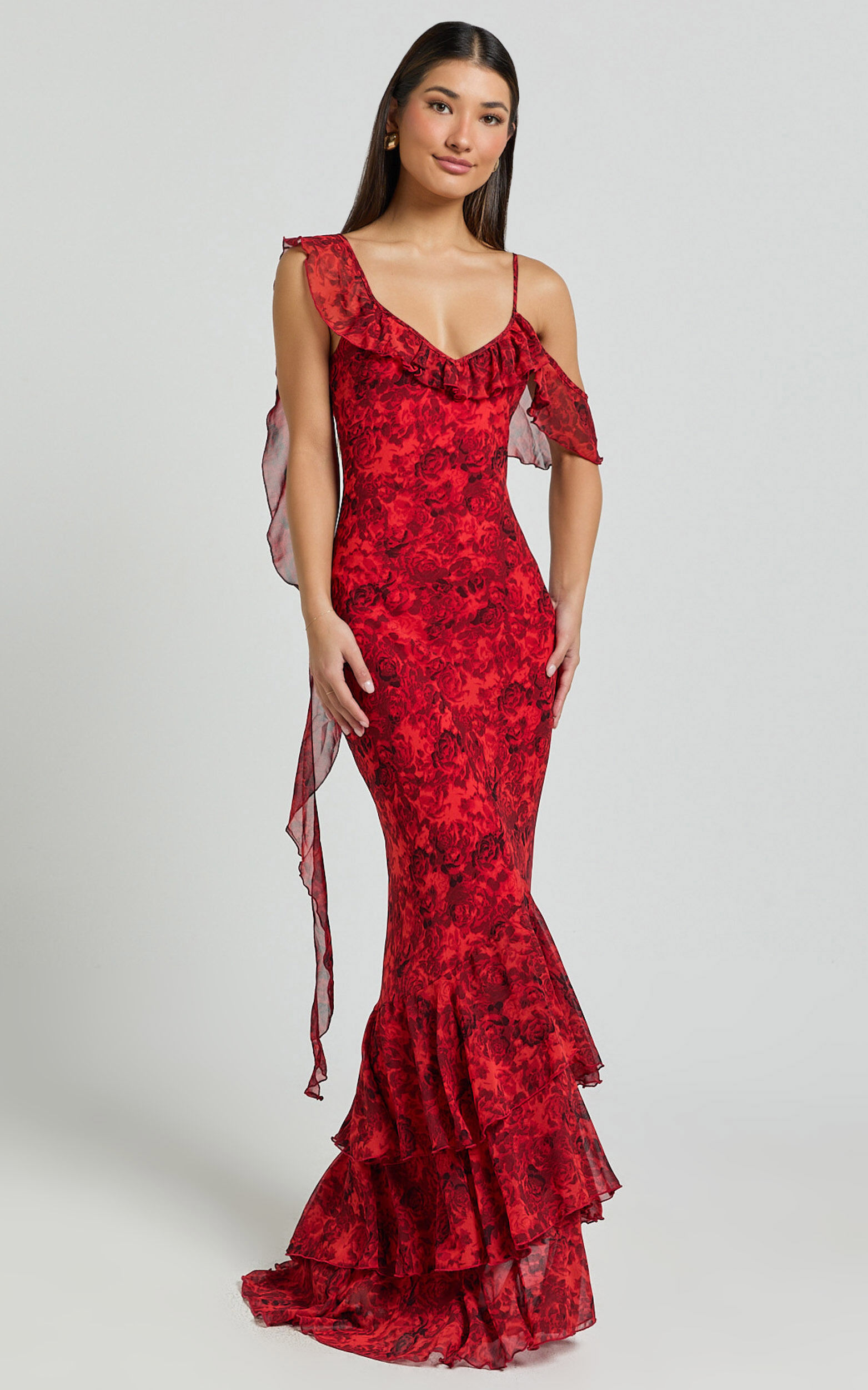 Riley Maxi Dress - Asymmetric Ruffle Detail Maxi Dress in Red Rose Print