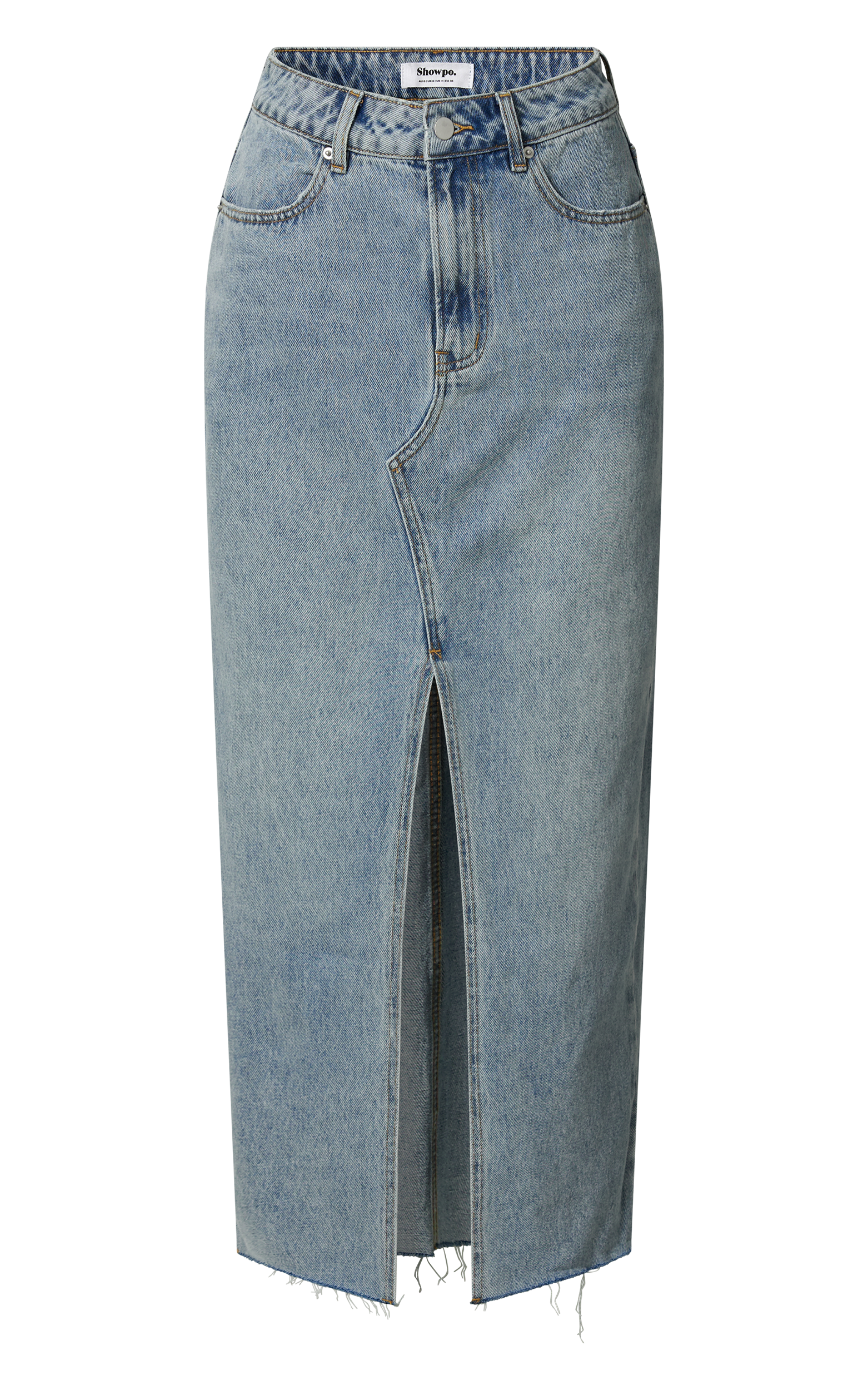 Kira Midi Skirt - Front Split Denim Skirt in Light Blue Wash