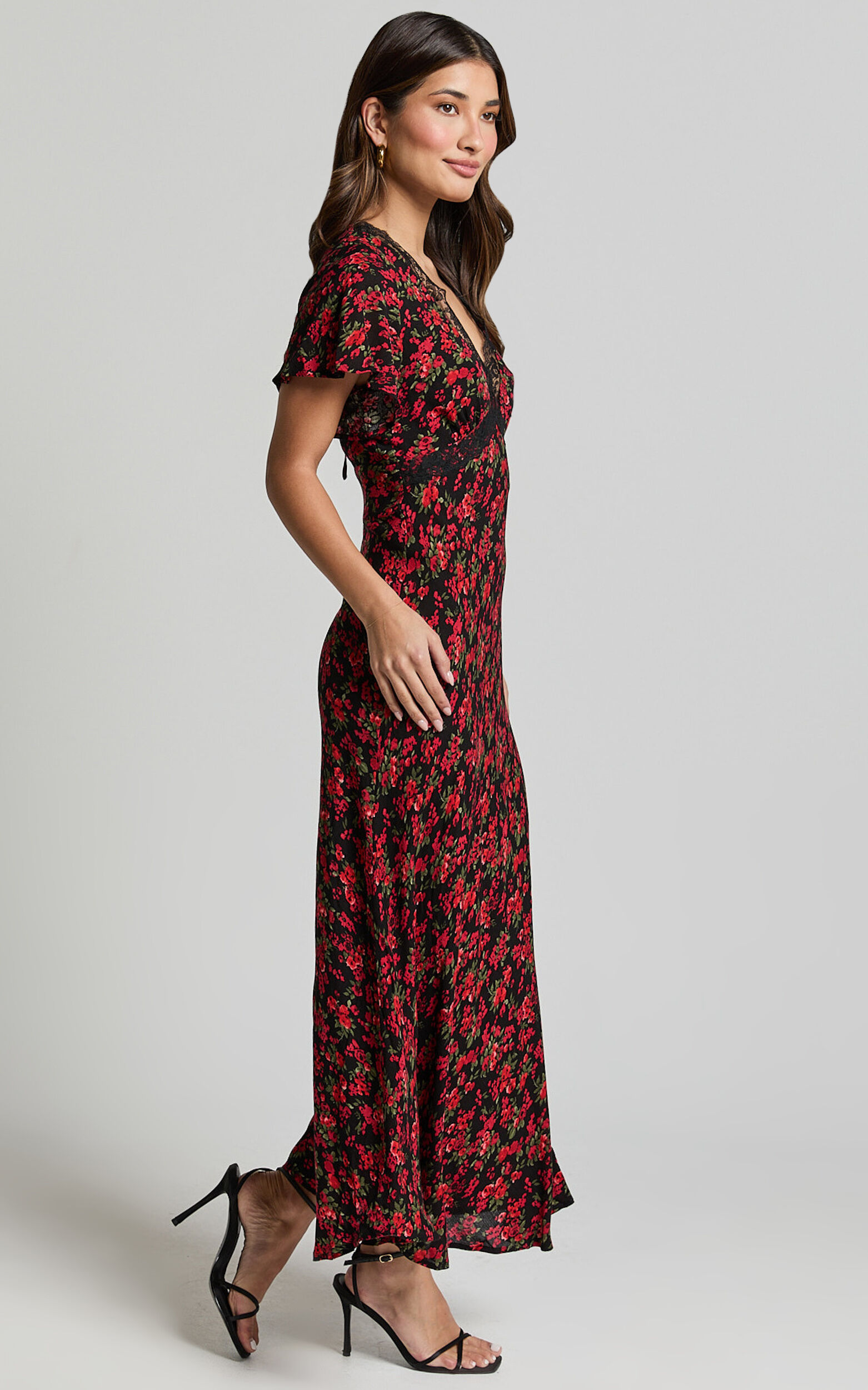 Vanya Midi Dress - V Neck Short Sleeve Lace Trim Tie Back Slip Dress in Black Floral