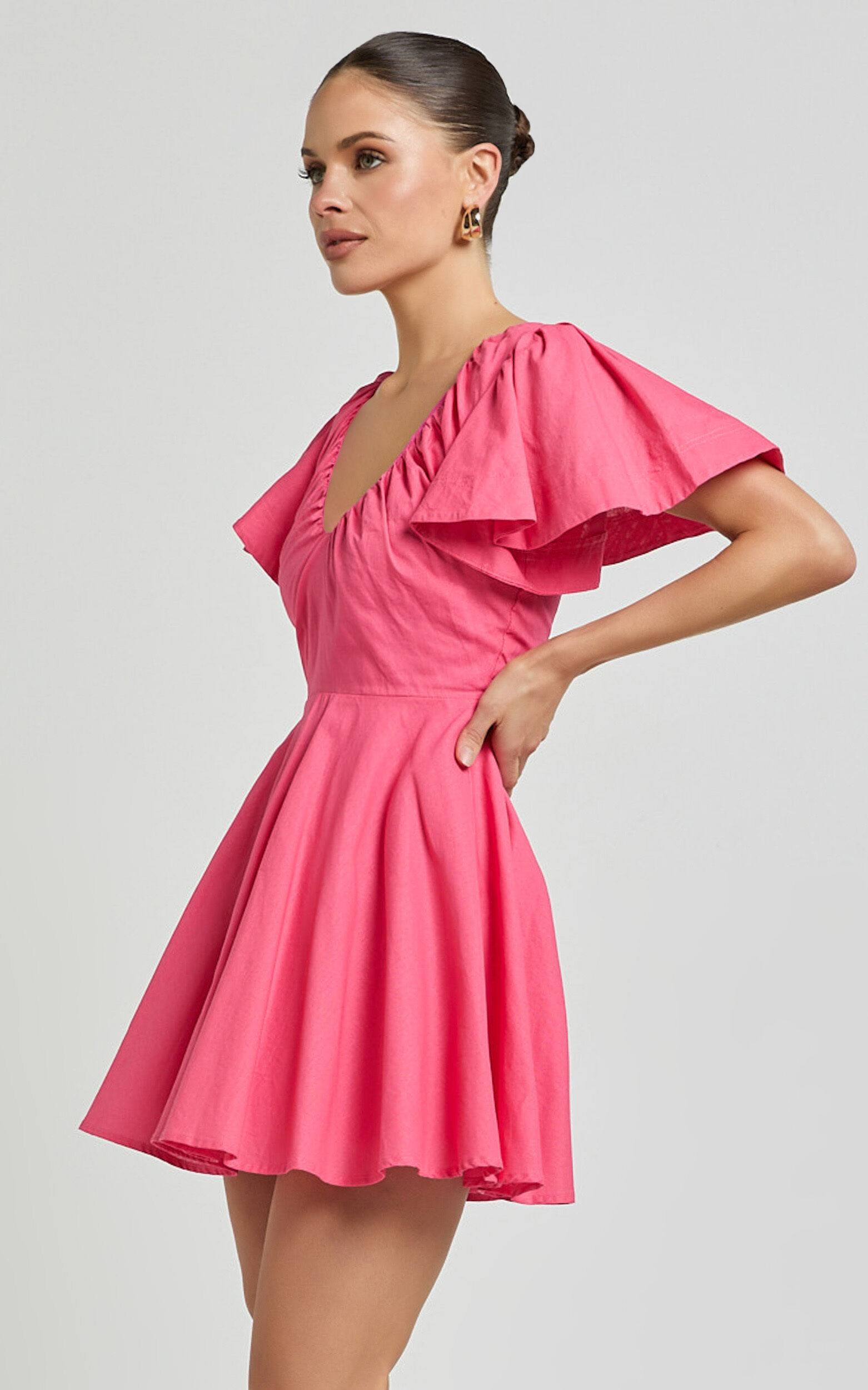 Carli Mini Dress - Linen Ruched Bodice Bell Sleeve Dress in Pink