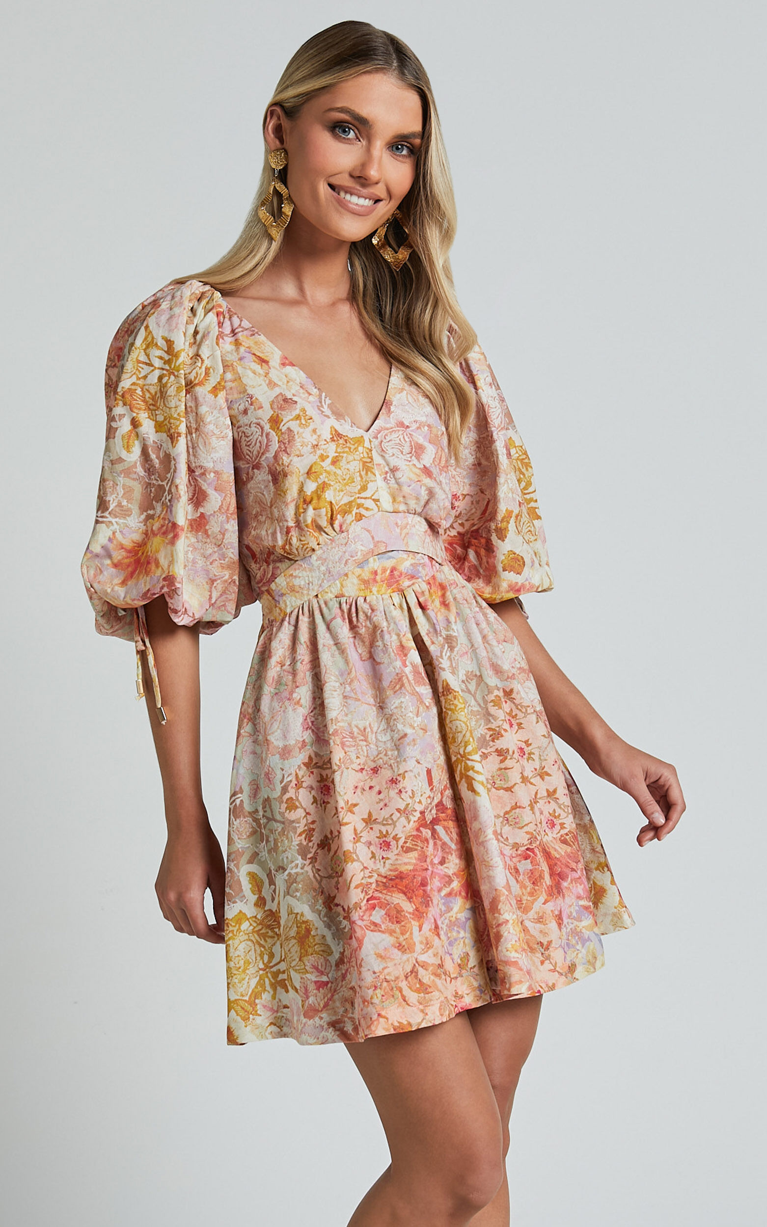 Amalie The Label - Movida Linen Blend Balloon Sleeve Crossover Band Mini Dress in Morocco Print