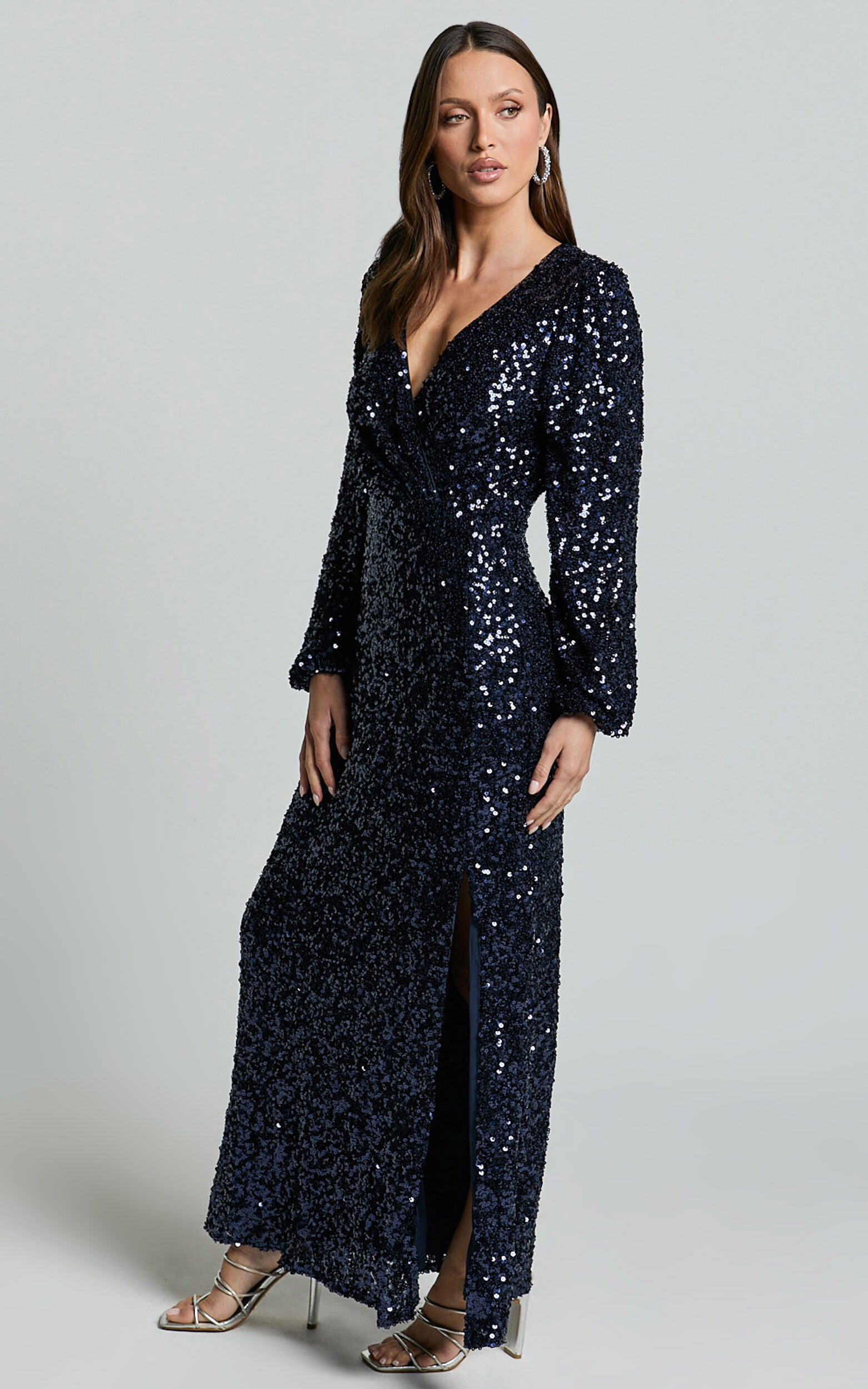 Mariella Midi Dress - Sequin Long Sleeve Thigh Split Dress in Navy