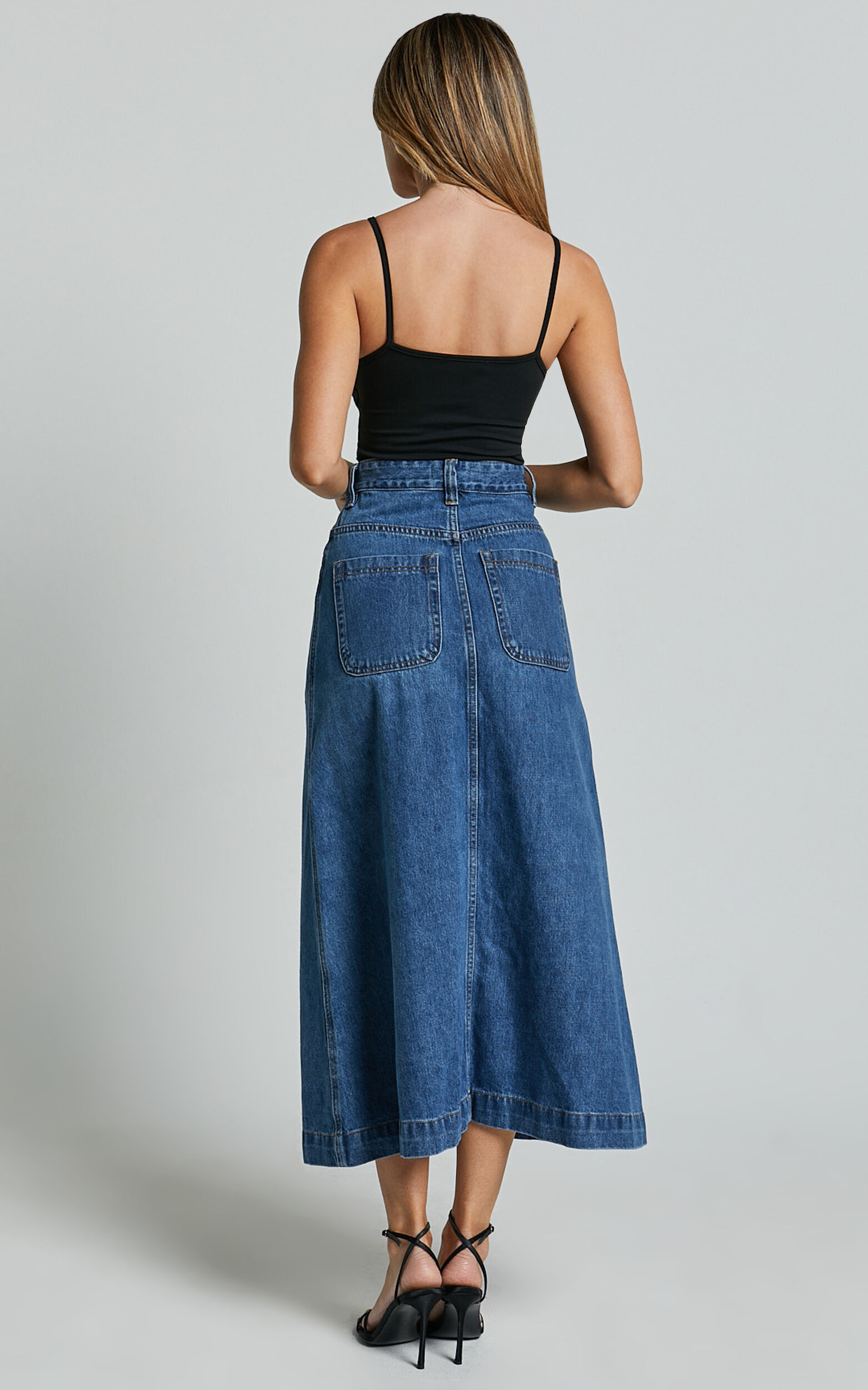 Alisa Midi Skirt - Button Through A Line Denim Skirt in Dark Blue Wash