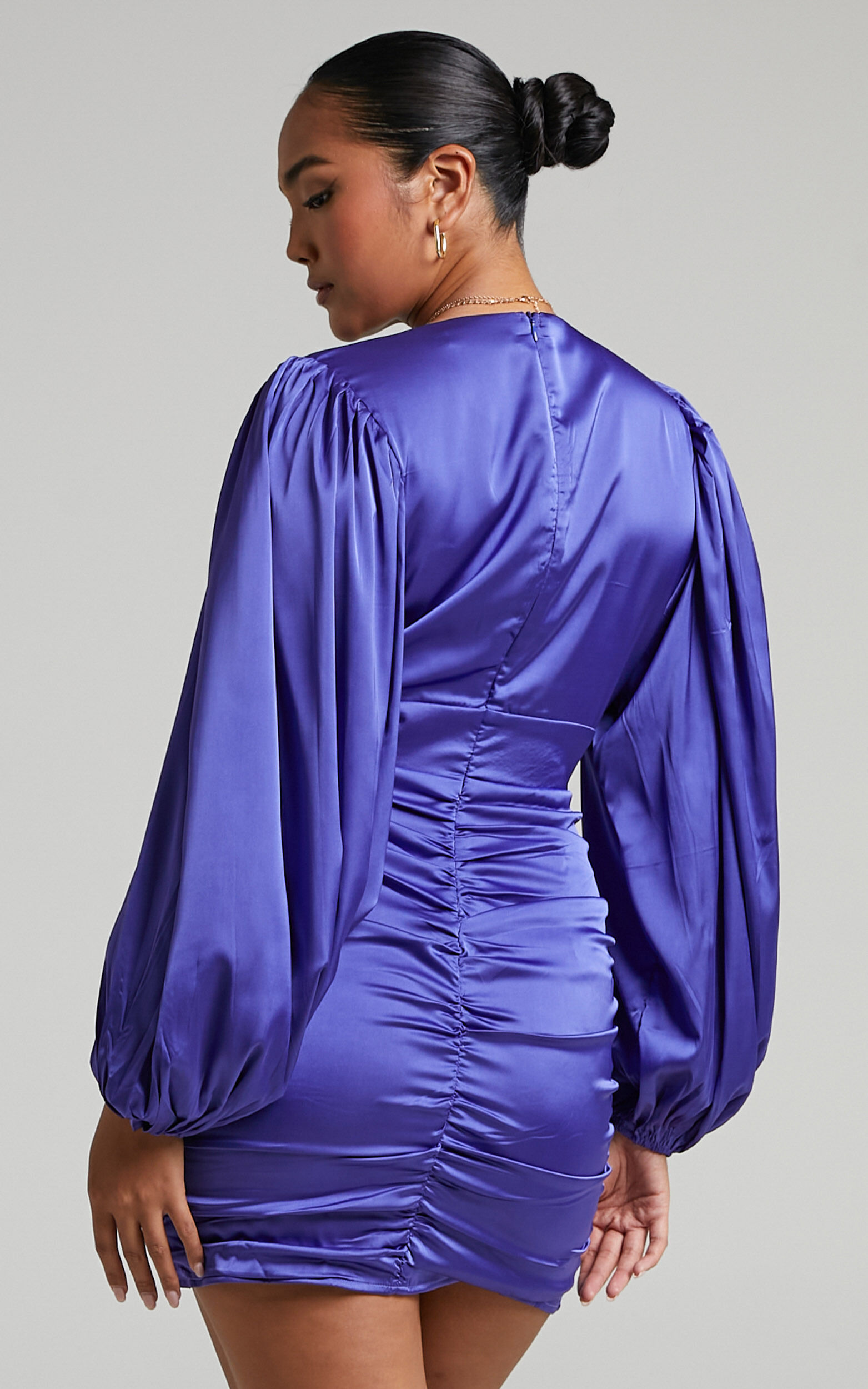 Nicole Mini Dress - Plunge Neck Ruched Dress in Steel Blue