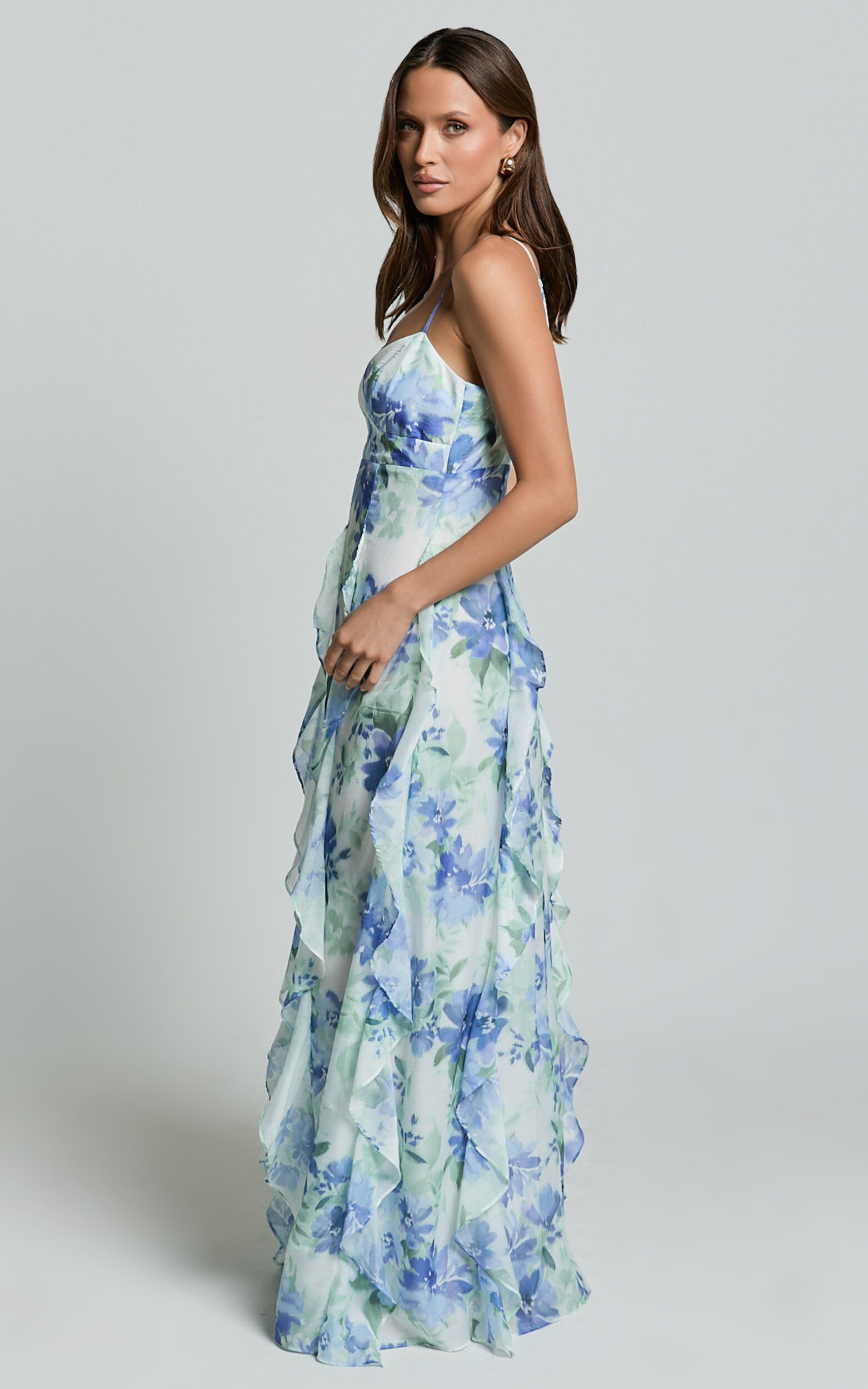 Amalie The Label - Rosalie Strappy Cut Out Ruffle Detail Maxi Dress in Elysian Print