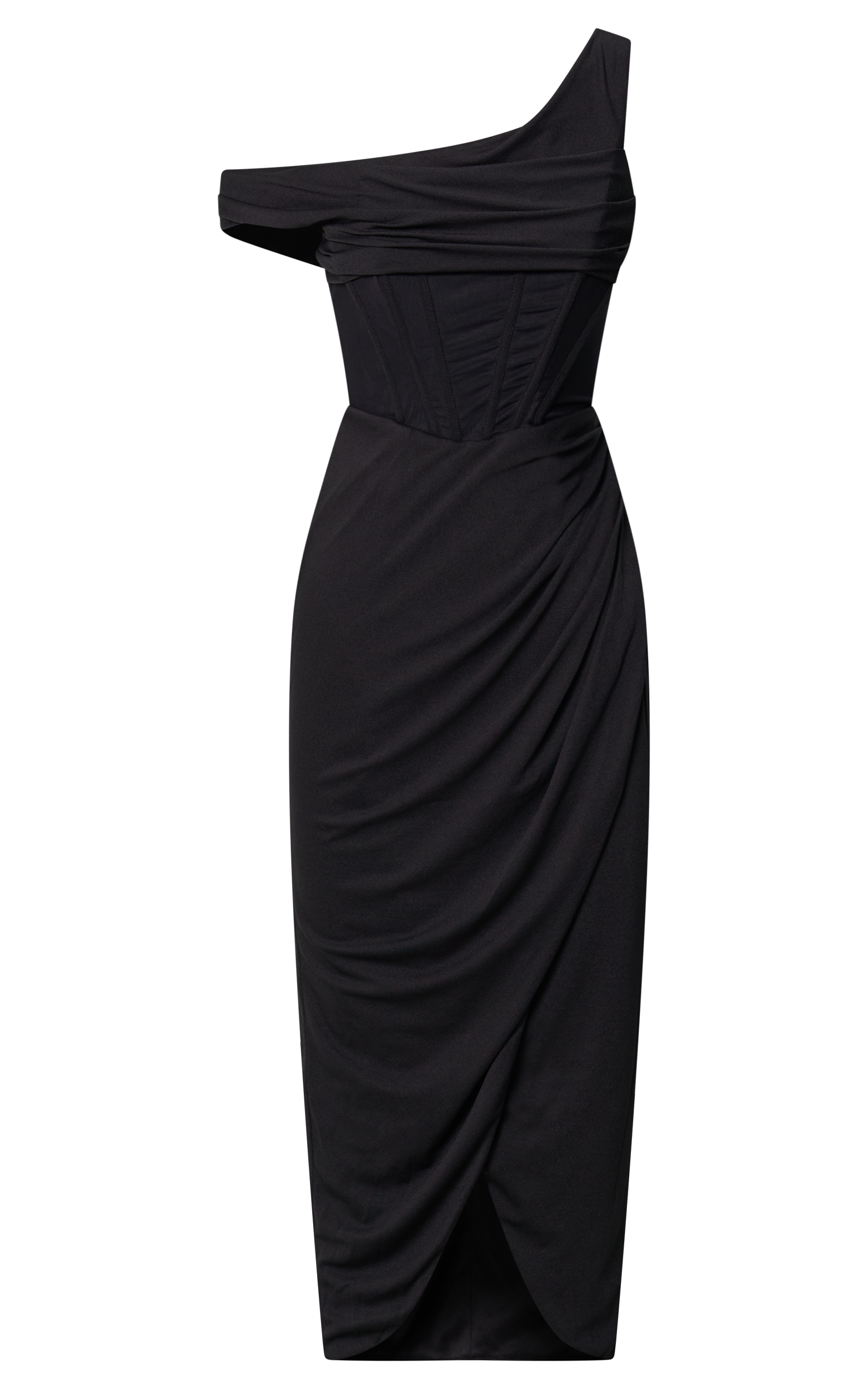 Aidia Midi Dress - One Shoulder Draped Corset Dress in Black