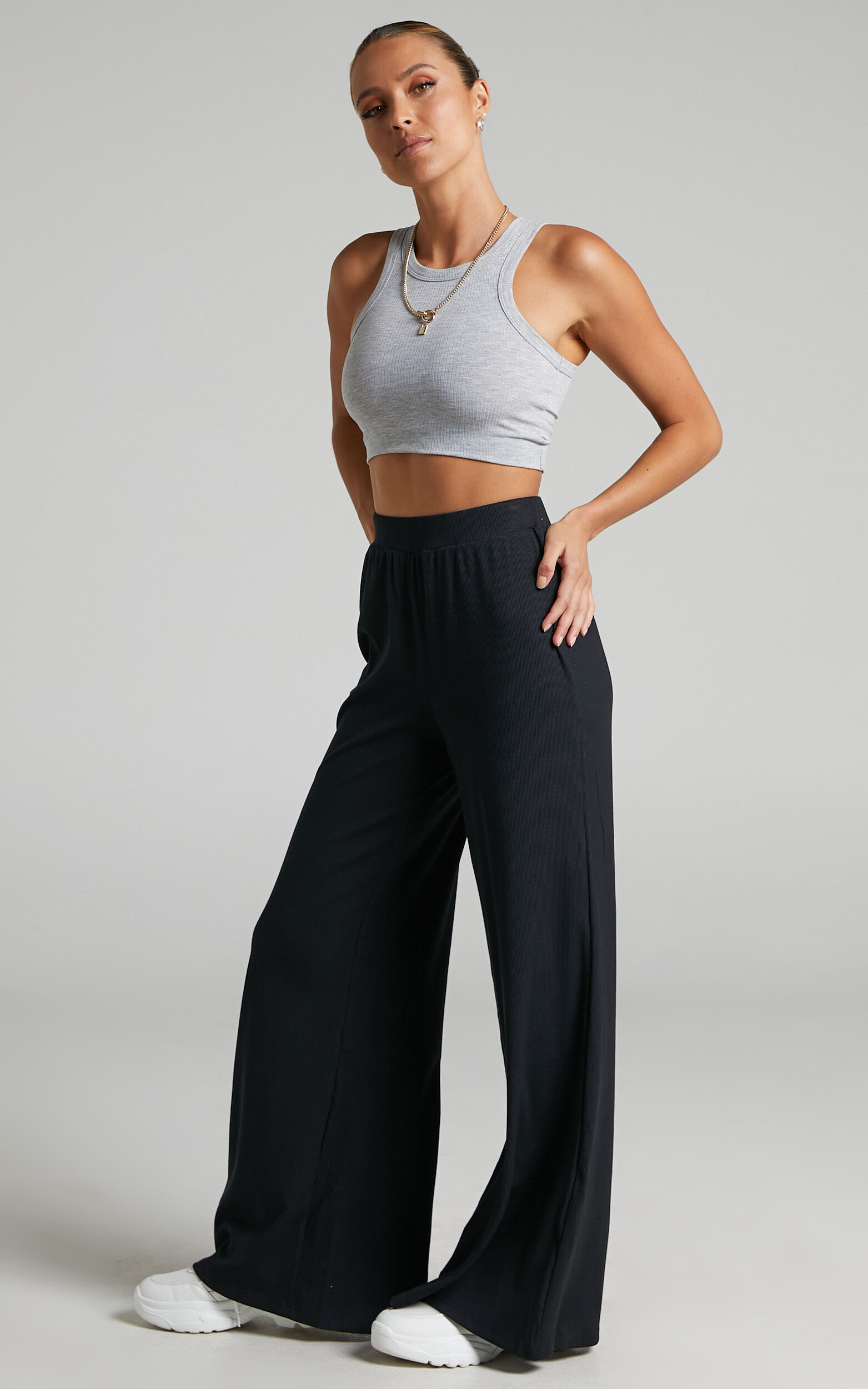 Amalthea Pants - High Waisted Jersey Rib Wide Leg Pants in Black