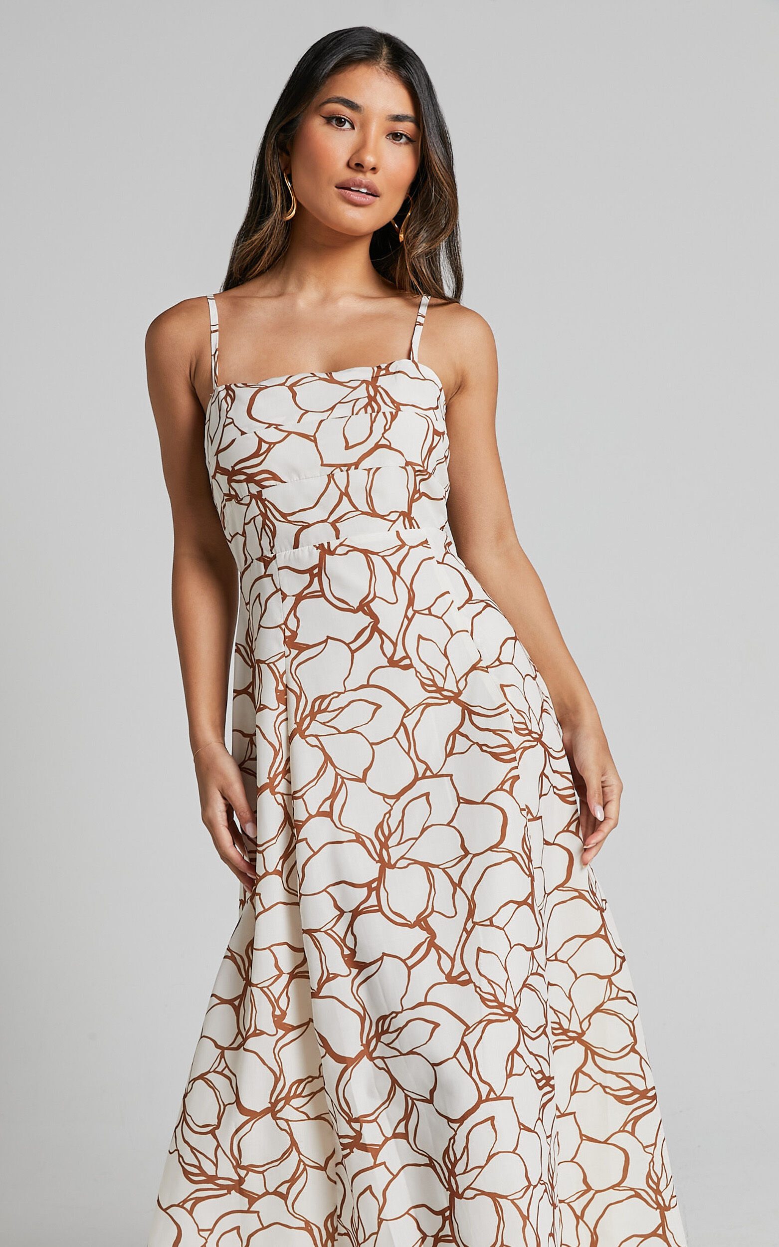 Nylia Midi Dress - Strappy Fit and Flare Dress in White Floral