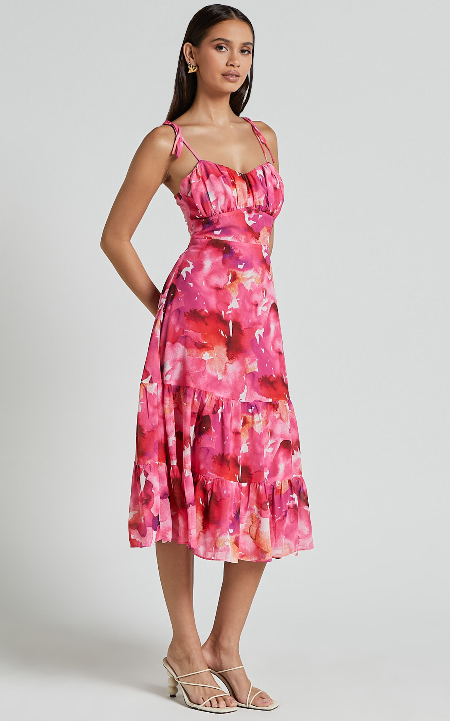 Marina Midi Dress - Tie Shoulder Ruched Bust Dress in Evie Print