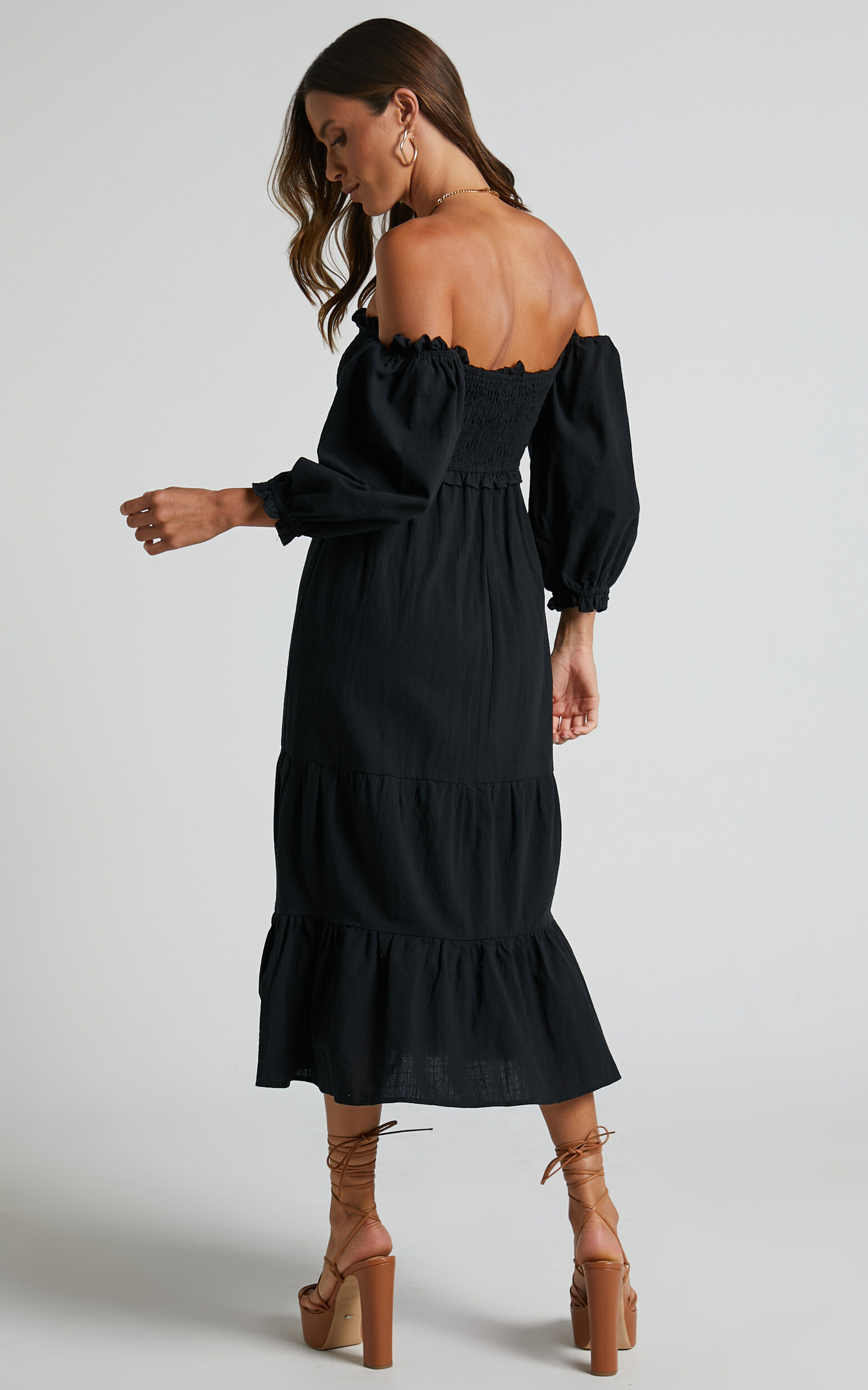 Nikka Midi Linen Dress - Shirred Off Shoulder Puff Sleeve Dress in Black