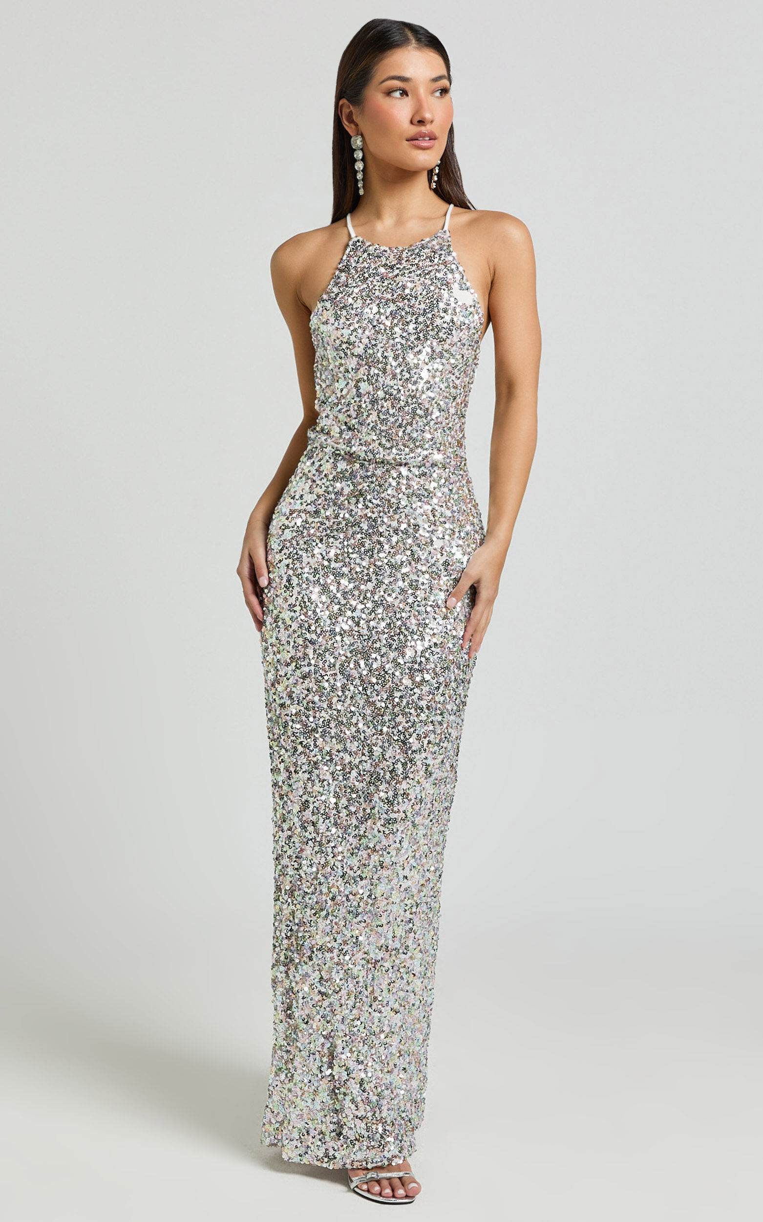 Frieda Maxi Dress - Halter Neck Cross Back Sequin Dress in Rainbow Silver