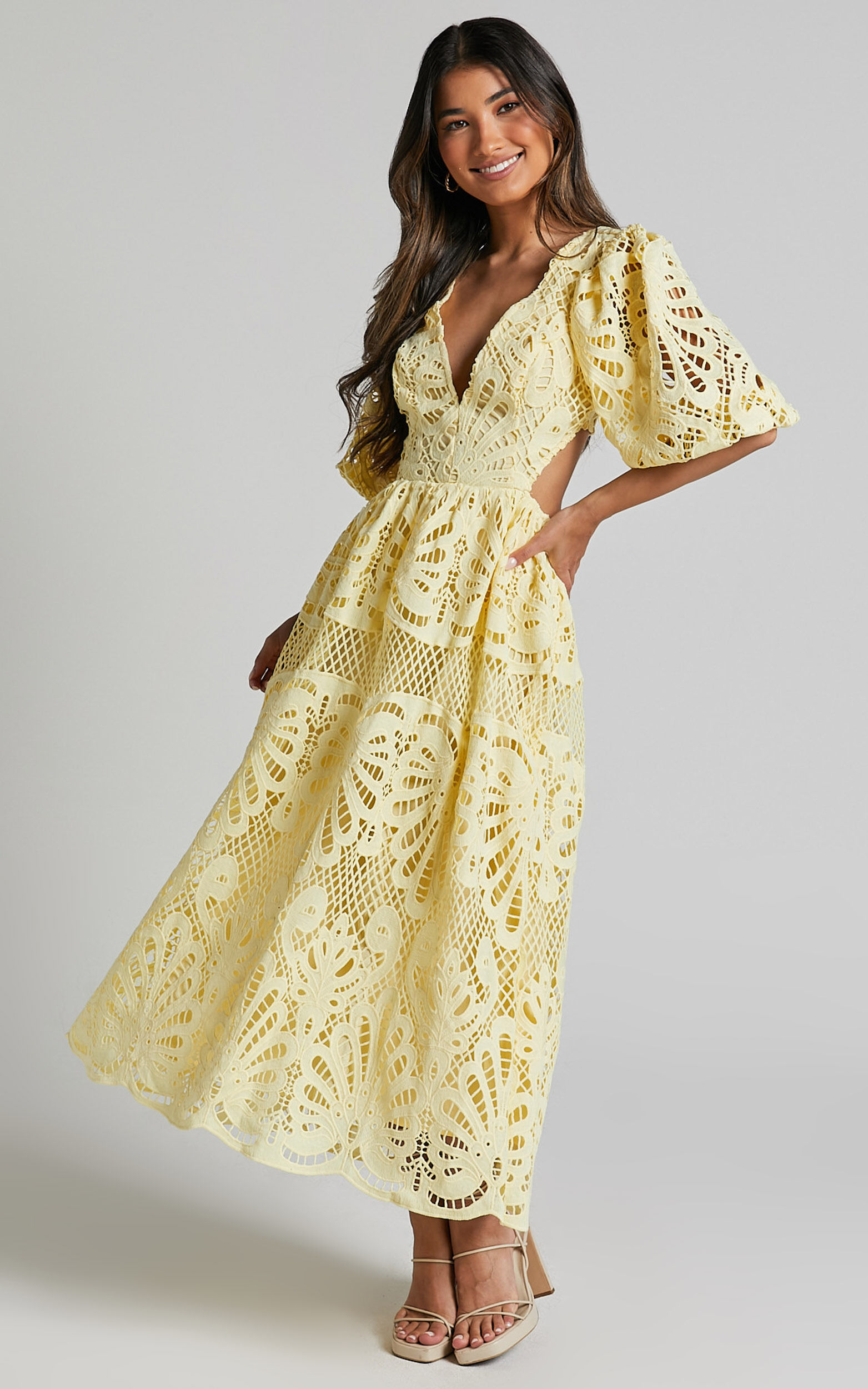 Anieshaya Midi Dress - V Neck Cut Out Lace Dress in Lemon