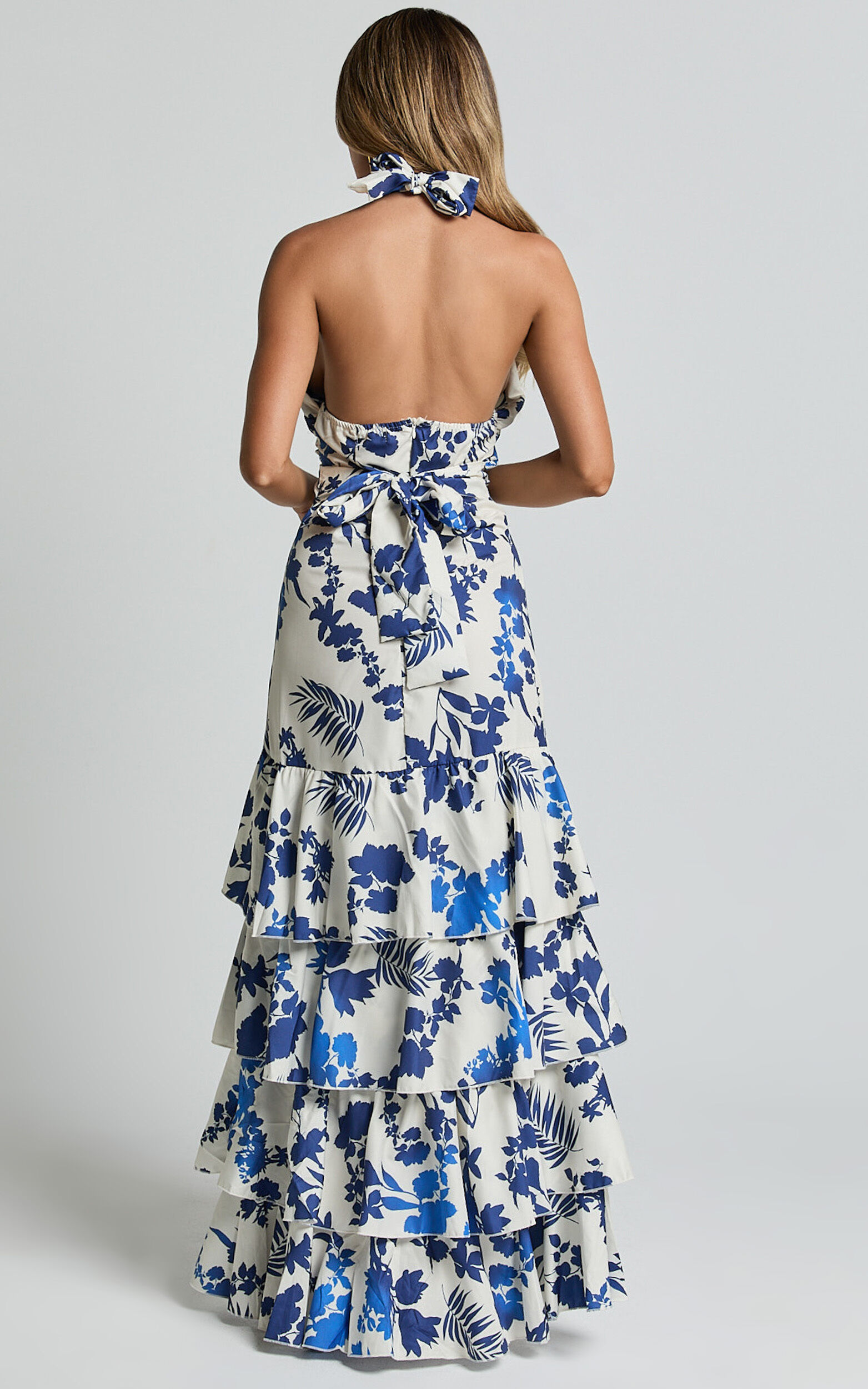 Talia Maxi Dress - Halter Neck Layered Dress in Blue and White Print