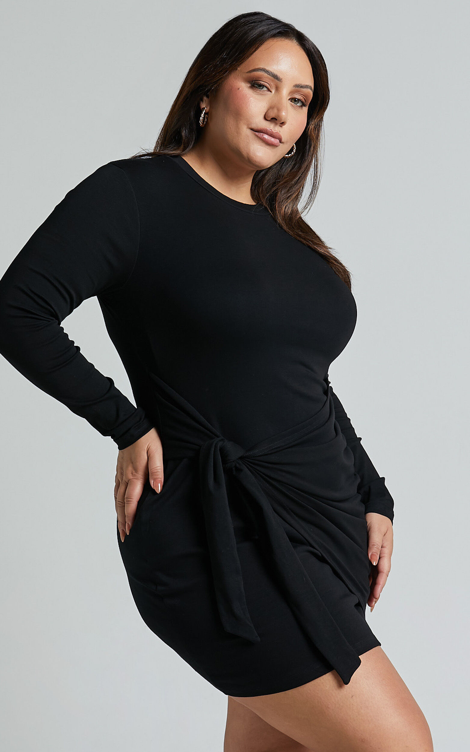 Marleen Mini Dress - Wrap Front Long Sleeve Bodycon Dress in Black