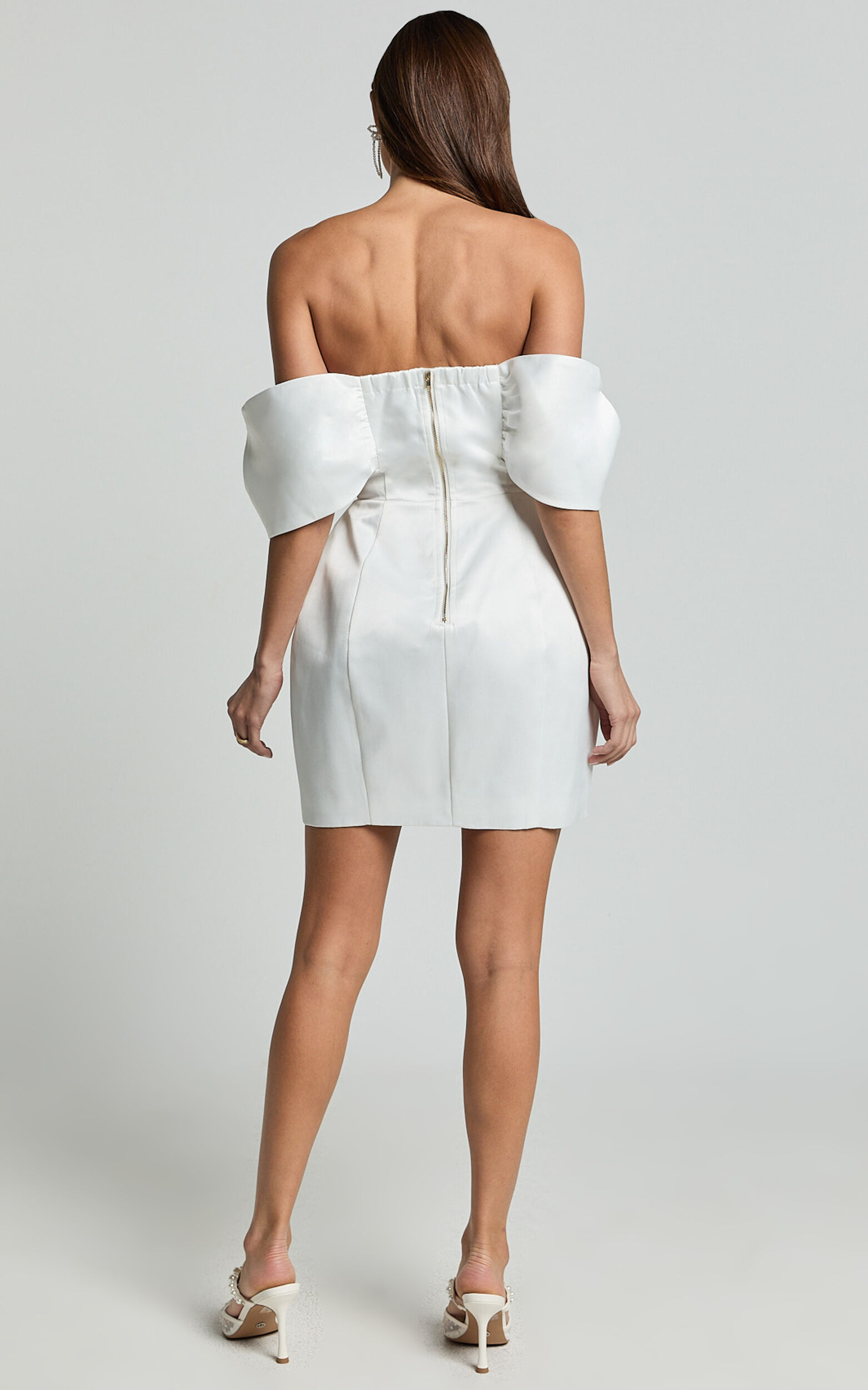 Demelza Mini Dress - V Bar Off Shoulder Satin Dress in Ivory